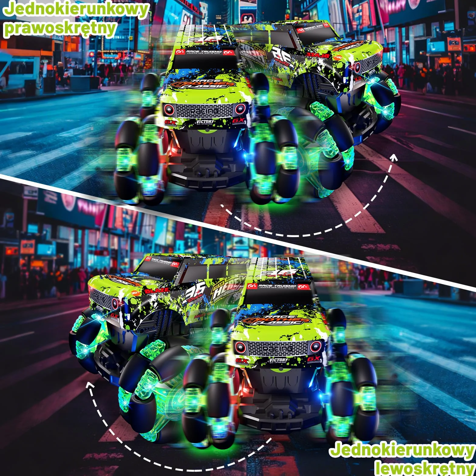 PENGBU RC Zdalnie sterowany samochód od 3, 4, 6 lat, 2,4 GHz, monstertruck, zdalnie sterowany samochód z oświetleniem, oponami i muzyką, 1/20, z obrotem o 360° i 2 akumulatorami, chłopcy 3, 4, 5, 6, 7