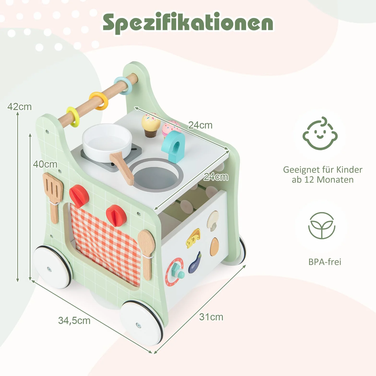 COSTWAY Drewniany wózek do nauki chodzenia 6 w 1, pomoc w nauce chodzenia z kuchnią do zabawy, zegarem do nauki, dopasowaniem kształtu i ruchomym suwakiem, kuchnia dziecięca Baby Walker z kółkami, dla
