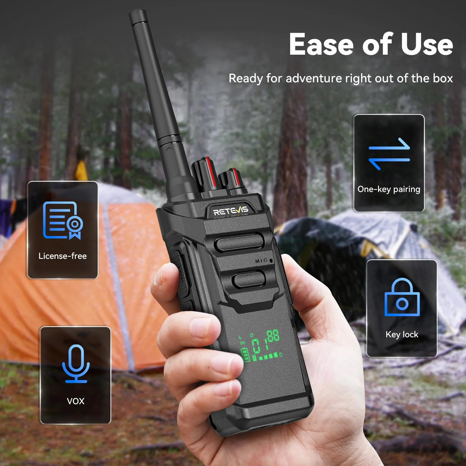 Retevis RT648H Walkie Talkies IP67, PMR446 bez Licencji, Wbudowany Wyświetlacz, USB-C, 1500 mAh, Alarm, Wieloletni Radio dla Logistyki, Magazyny (2 paczki)