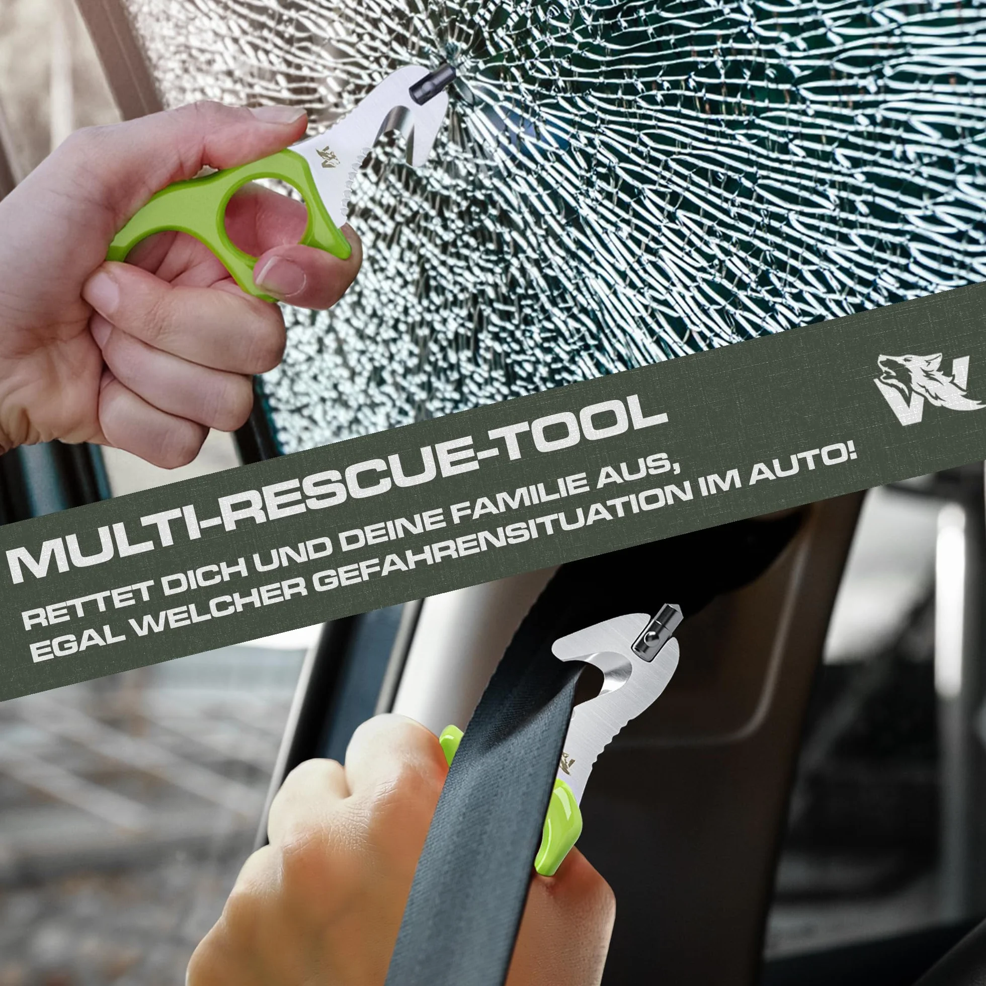 Wolfgangs Rescue Tool aus feinstem 440C Stahl - Handlicher Gurtschneider Notfallhammer Auto mit Leuchtfunktion - Nothammer Auto Sicherheitsset mit extra Aufbewahrungstasche für die Sonnenblende