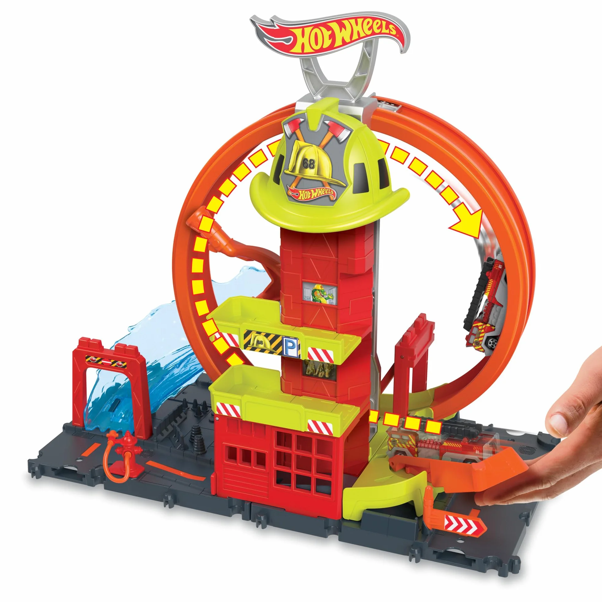 Hot Wheels HKX41 - HW City z 1 samochodem zabawkowym, ręcznie sterowaną windą, rampą przypominającą wodę, elementami toru, remizą strażacką z super pętlą, samochody zabawkowe dla dzieci od 4 lat