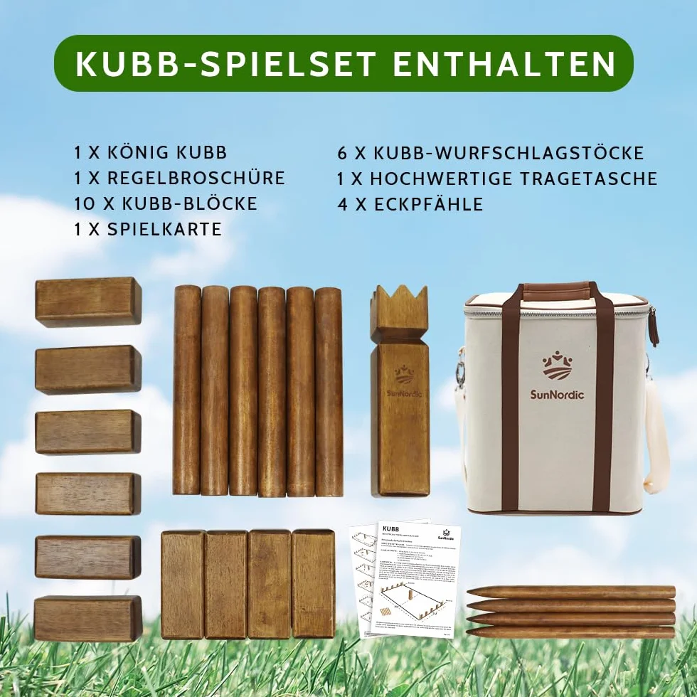 SunNordic Kubb rzucania Wikingów, szwedzka szachowa z wysokiej jakości drewna gumowego, w zestawie torba z płótna żaglowego i instrukcja gry – wytrzymała gra na podwórku dla dzieci i dorosłych