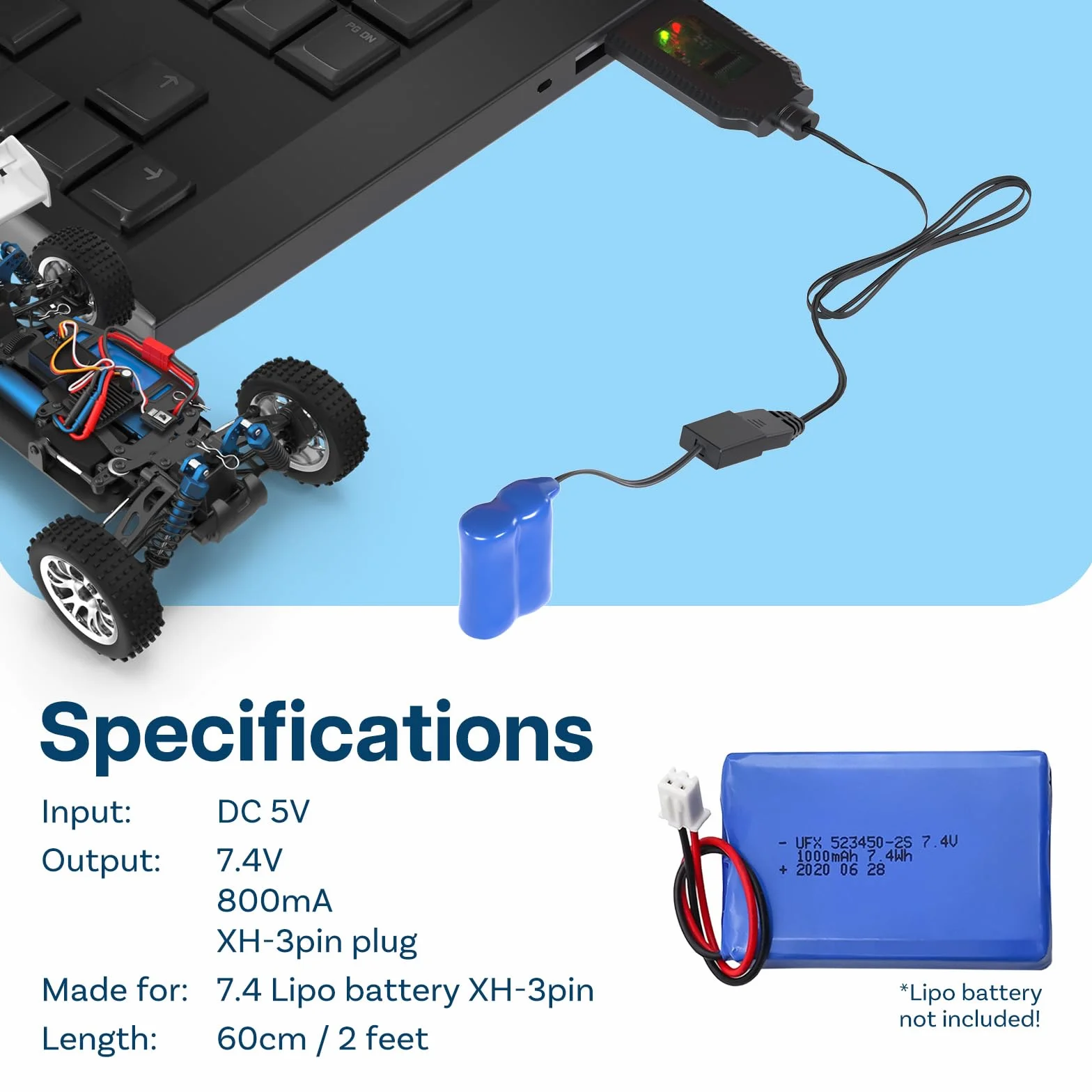 MMOBIEL 2 szt. kabel USB do ładowania wskaźnik LED kompatybilny z bateriami 800 mA 2 S 7,4 V LiPo do dron RC/Quadcopter/pojazdów ze złączem XH-3P