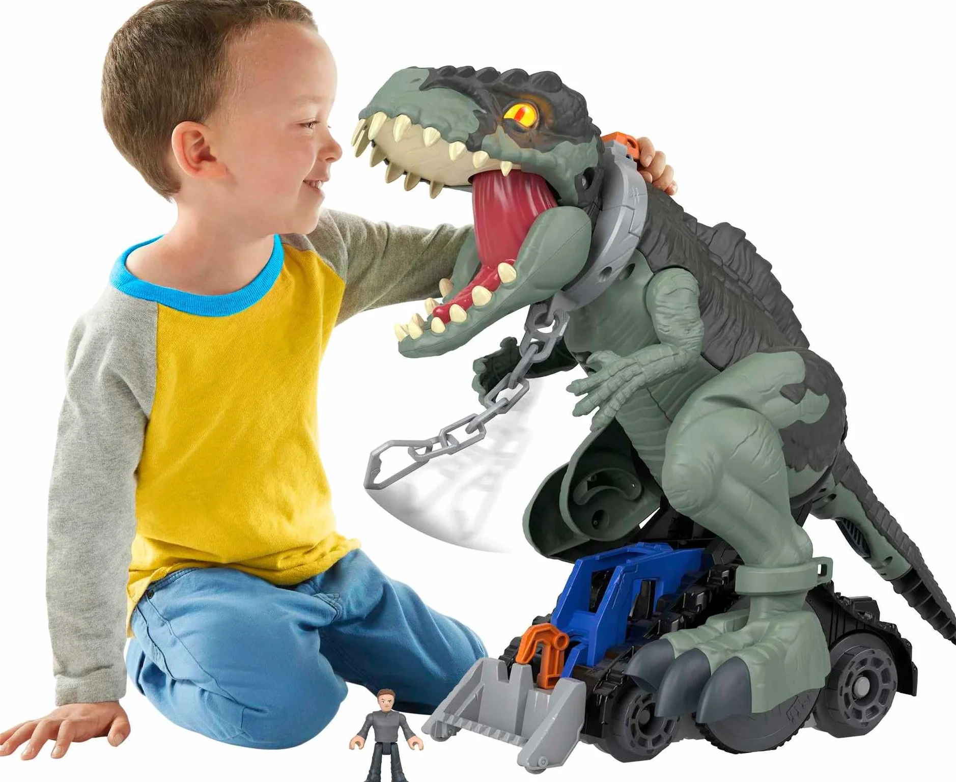 Imaginext Jurassic World Dominion Ryczący Gigadinozaur Potężny krok i Owen, figurka dinozaura (40 cm wysokości) ze światełkami, dźwiękami i ruchami, dla dzieci od 3 roku życia, GWT22