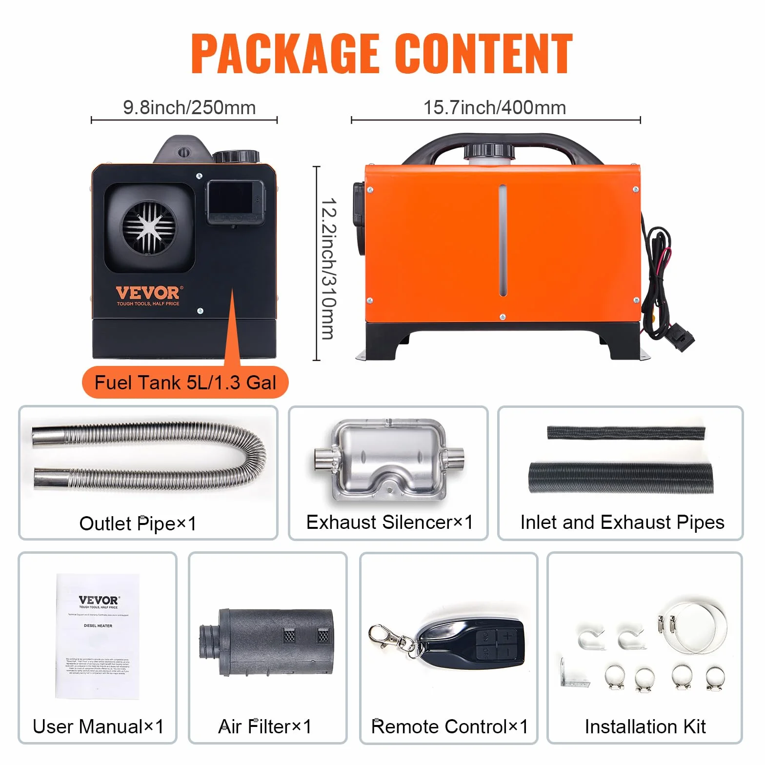 VEVOR Podgrzewacz powietrza Diesel All-in-One do samochodów ciężarowych RV 12V 5KW regulowana temperatura 8℃-36℃ Pilot zdalnego sterowania, podgrzewacz parkingowy Zużycie paliwa 0,16-0,52 l/h BTU