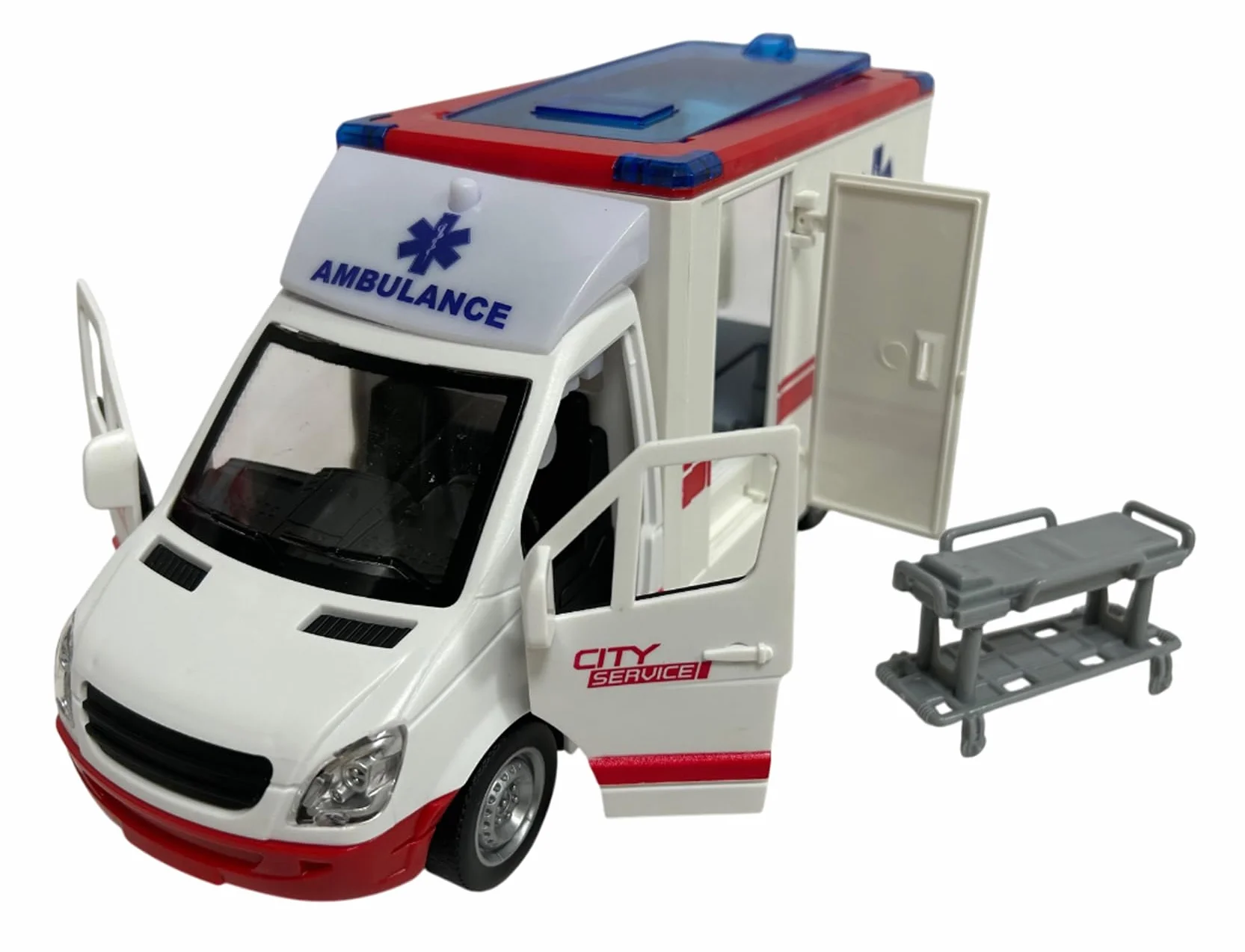 Generisch Zabawka karetki z lampkami, syrenami, drzwiami i dachem, otwieranie ruchu, sprzęgło pogotowia, duża skala 1:16 cm, 26 pierwsza pomoc z dźwiękami świetlnymi, wysuwany nosidełko dla dzieci od