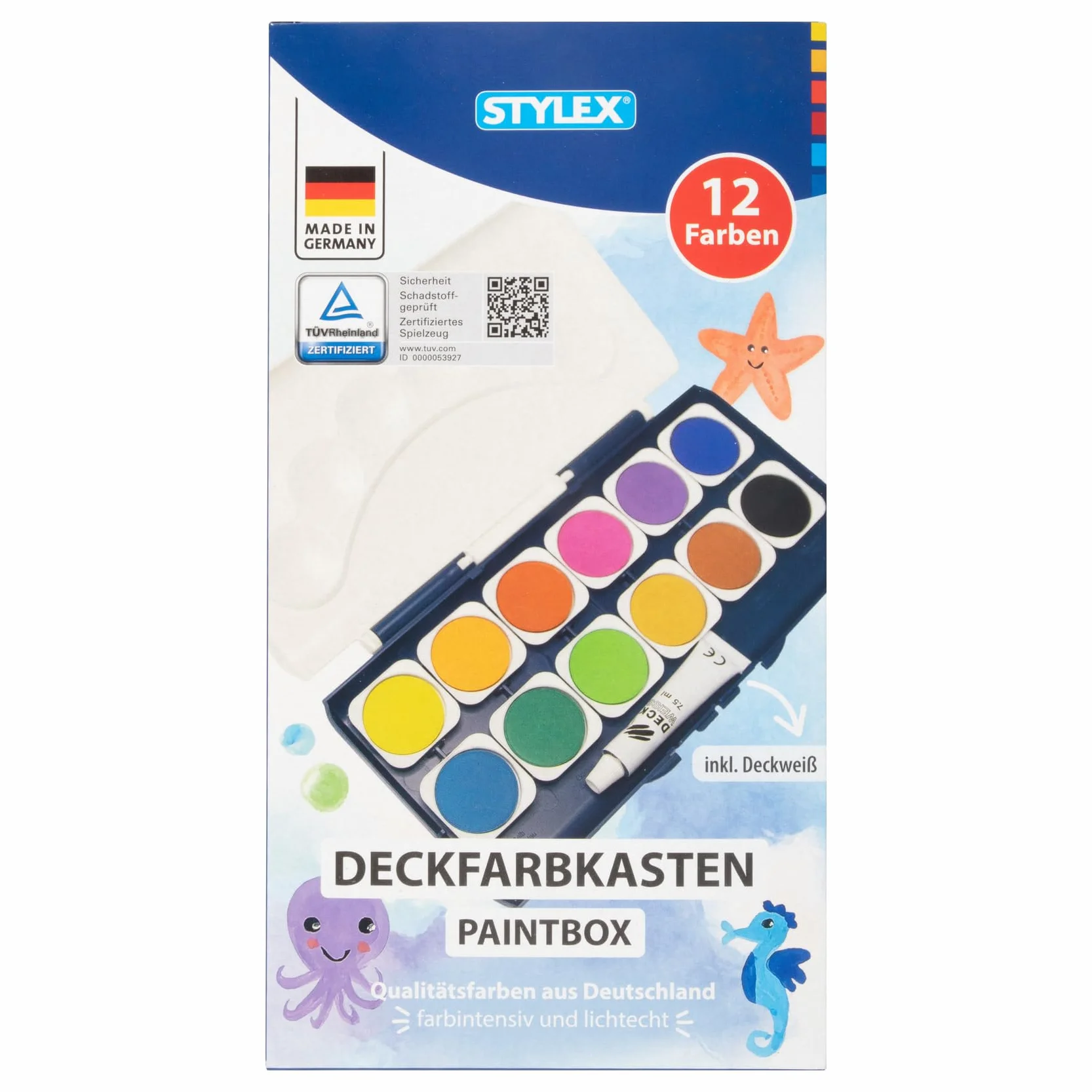 Stylex 28178 - Zestaw 12 farb akwarelowych i tubka bialej farby kryjacej, z zdejmowana pokrywka i 6 polami do mieszania