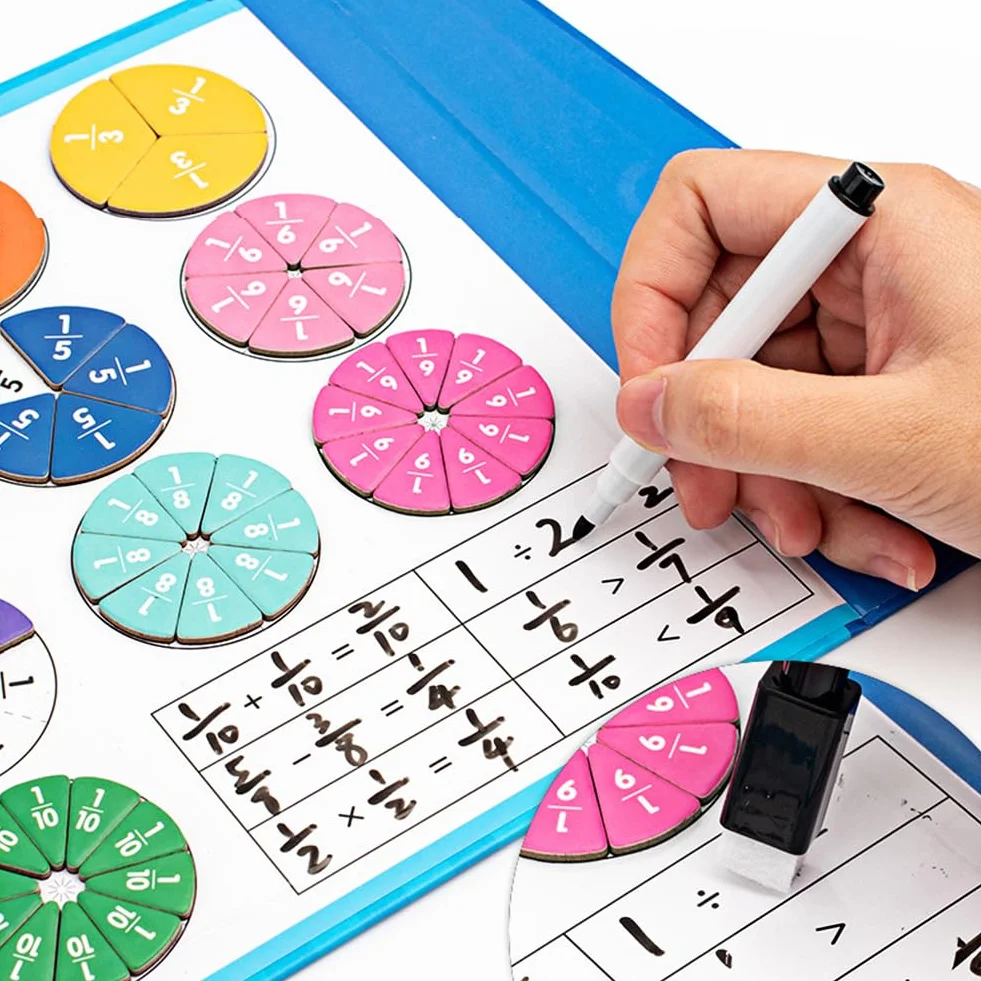 Montessori Magnetyczne Ułamkowe, Edukacyjna Ułamkowa Książeczka Gra Matematyka Dla Dzieci Do Matematyki Manipulacje Matematyczne Materiał Z Płytkami Frakcji Magnetycznej I Kołami Ułamków Od 6 Lat