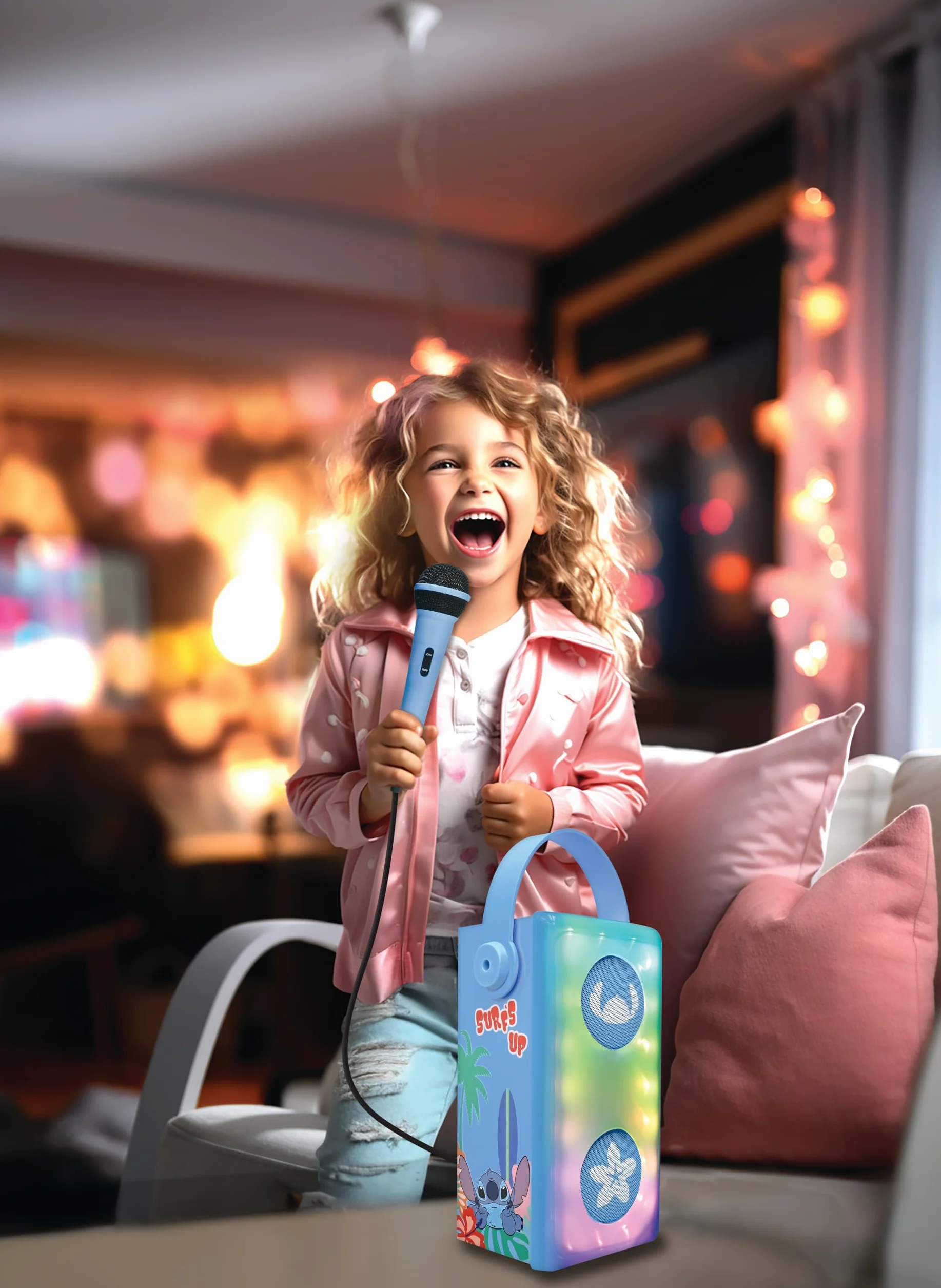Lexibook, Disney Stitch, Bezprzewodowy Głośnik Bluetooth z Mikrofonem, Wielokolorowe Efekty Świetlne, Gniazdo na Kartę SD, Tf, Akumulator, Niebieski, BTP185DZ