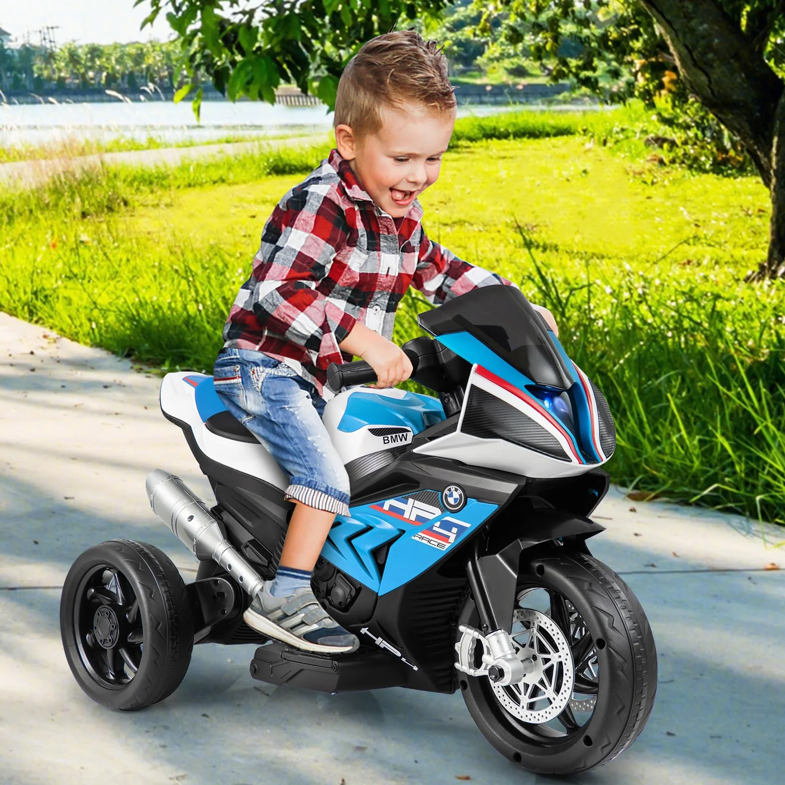 GOPLUS 6 V BMW dziecięcy motocykl elektryczny z muzyką i reflektorami, dla dzieci 3-8 lat, trójkołowy pojazd z pedałem nożnym, obciążenie do 30 kg
