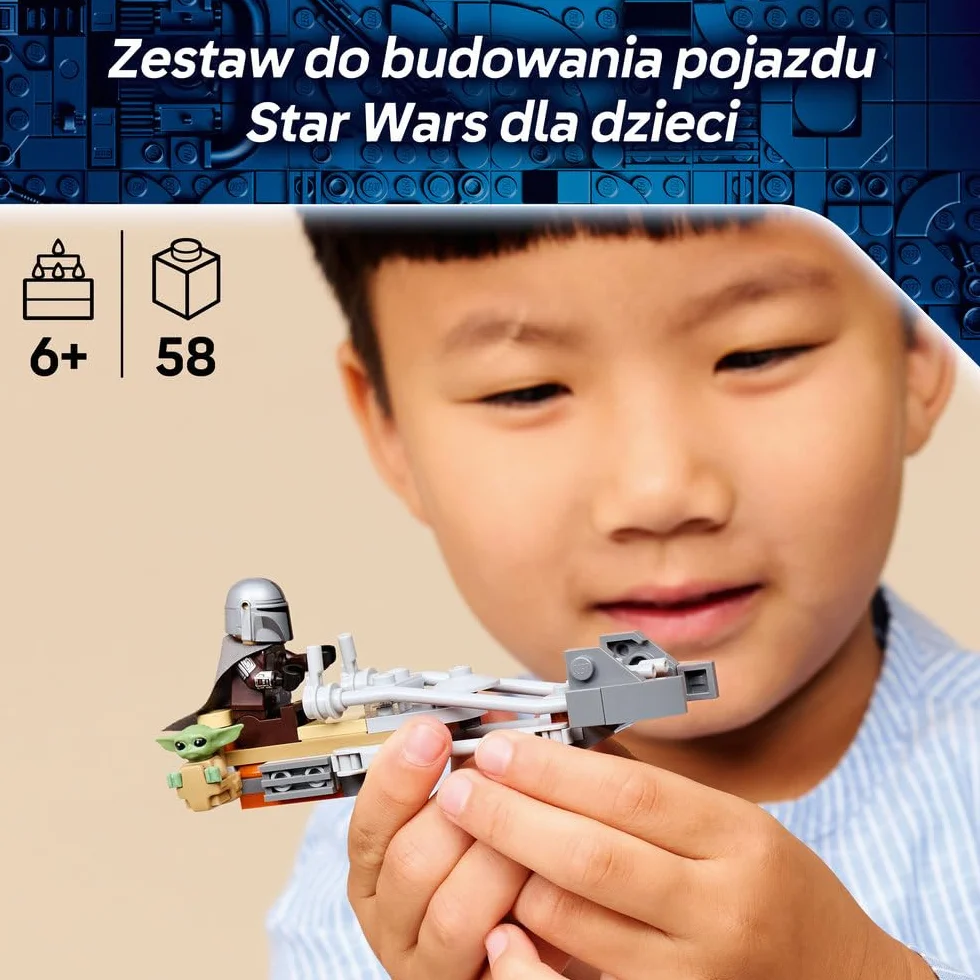 LEGO Star Wars Śmigacz Mandalorianina i Grogu, zabawka dla dziecka, zestaw z pojazdem i dwiema postaciami z serii Gwiezdne Wojny, pomysł na prezent dla 6-latka, klocki dla chłopca i dziewczynki 75436