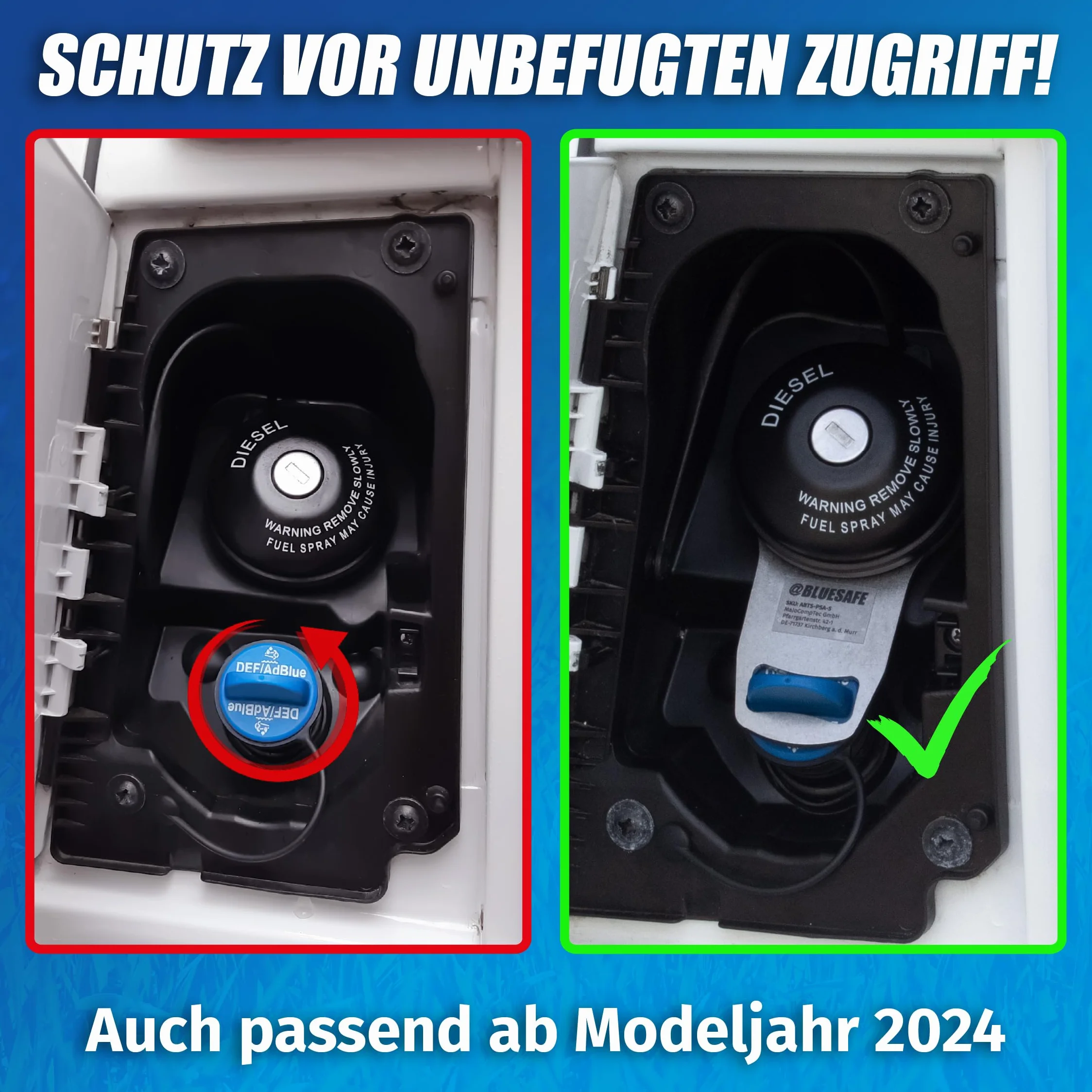 MaJoCompTec® ADBLUESAFE Zabezpieczenie korka wlewu paliwa, zabezpieczenie wlewu paliwa AdBlue, akcesoria do samochodów kempingowych (wersja ze stali nierdzewnej, bezpiecznik Boxer + Jumper + Ducato)