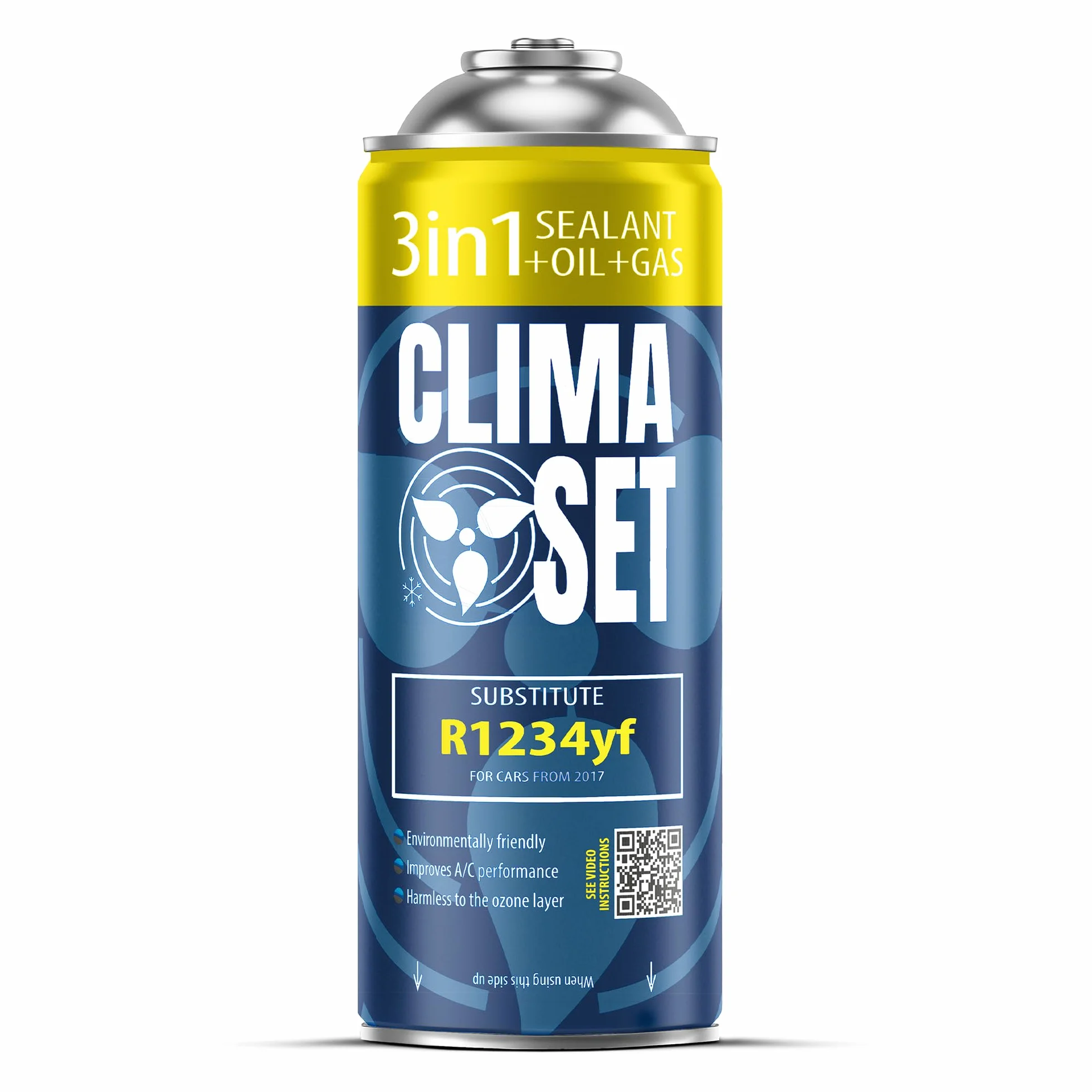 CLIMASET - Zamiennik czynnika chłodniczego R134a 4in1, Do samochodów 1994-2016 - System klimatyzacji, Samodzielna aplikacja - Uszczelniacz, Barwnik UV, Olej - Z przewodem, odświeżaczem i lampą UV