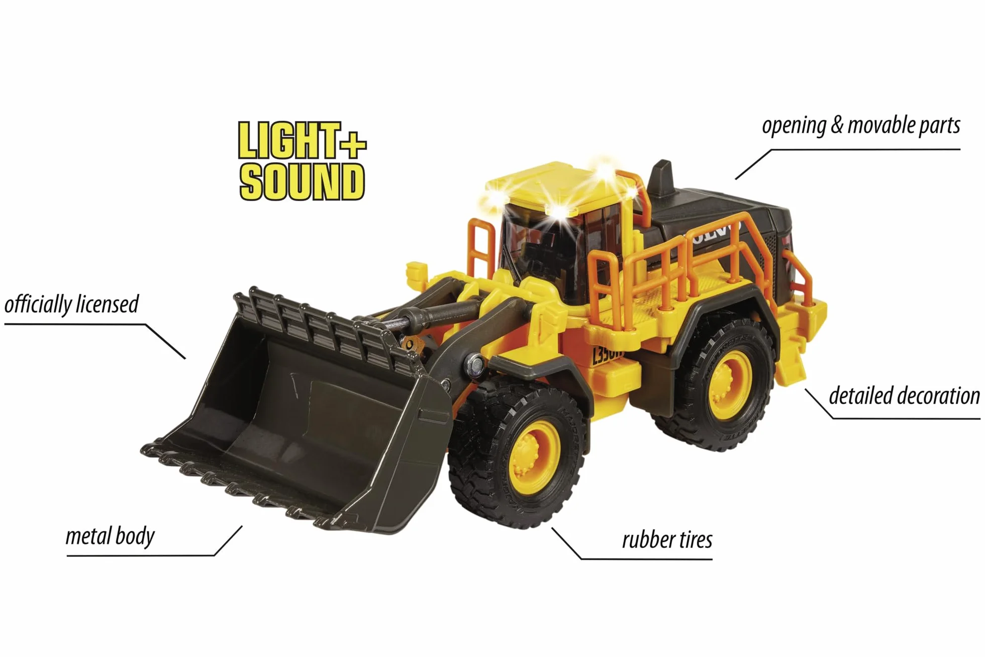 Majorette Grand 213723001 VOLVO Ładowarka Spychacz 21 cm, światło i dźwięk, zabawka pojazd budowlany buldożer metalowy diecast, od 3 lat