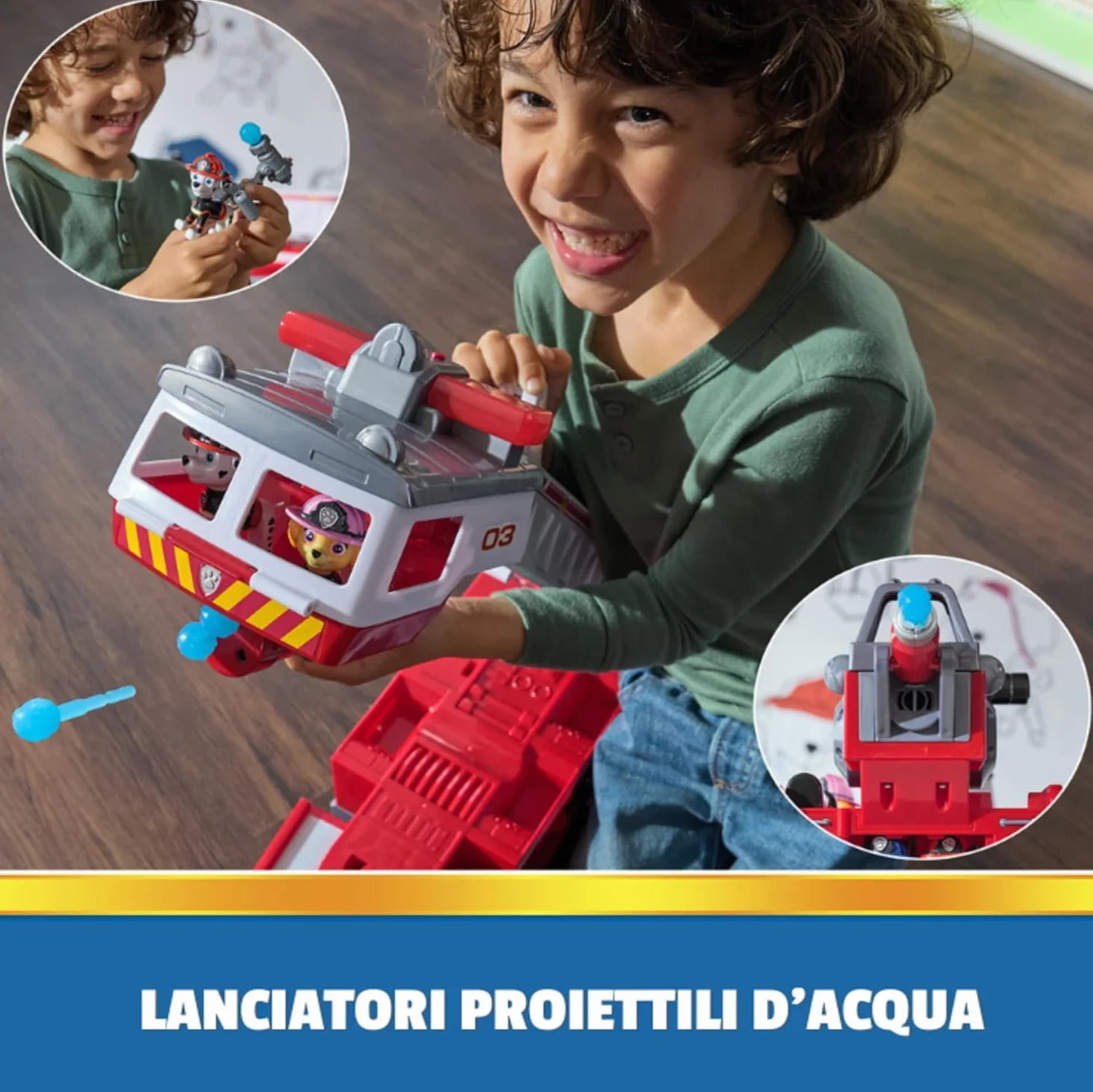 Paw Patrol, Wózek strażacki Marshalla, z wysuwaną skalą 61 cm, światłami i dźwiękami, mini pojazd, w zestawie postacie Chase, Marshall i Skye, zabawki dla chłopców i dziewczynek, 3+ lat