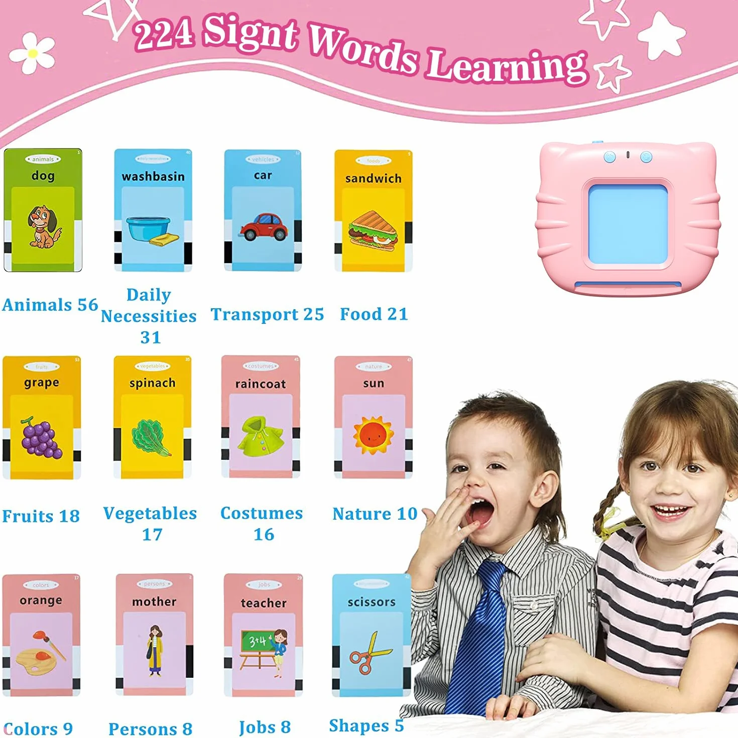 GUYUCOM Karty edukacyjne, Flash, gry edukacyjne dla dzieci w wieku 2, 3, 4, 5 lat, zabawki do nauki mowy dla maluchów, prezenty do rozwijania języka z 112 kartami (224 angielskie słowa)