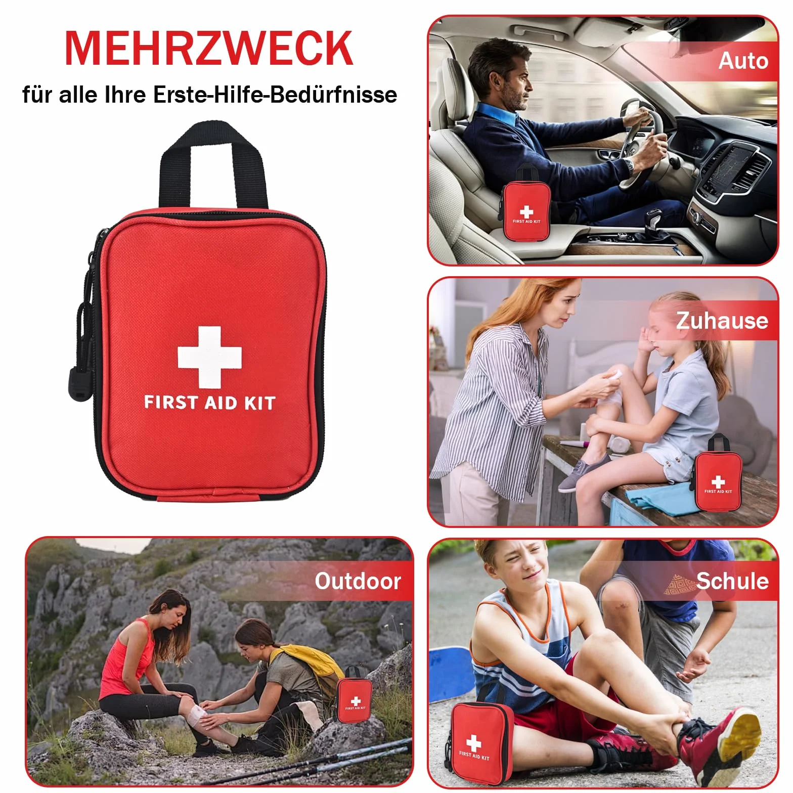 Zestaw pierwszej pomocy 102 sztuk, zestaw przetrwania, zestaw pierwszej pomocy do samochodu w domu na miejscu pracy plecak i kemping piesze wycieczki podróże (18 x 14 x 4 cm)