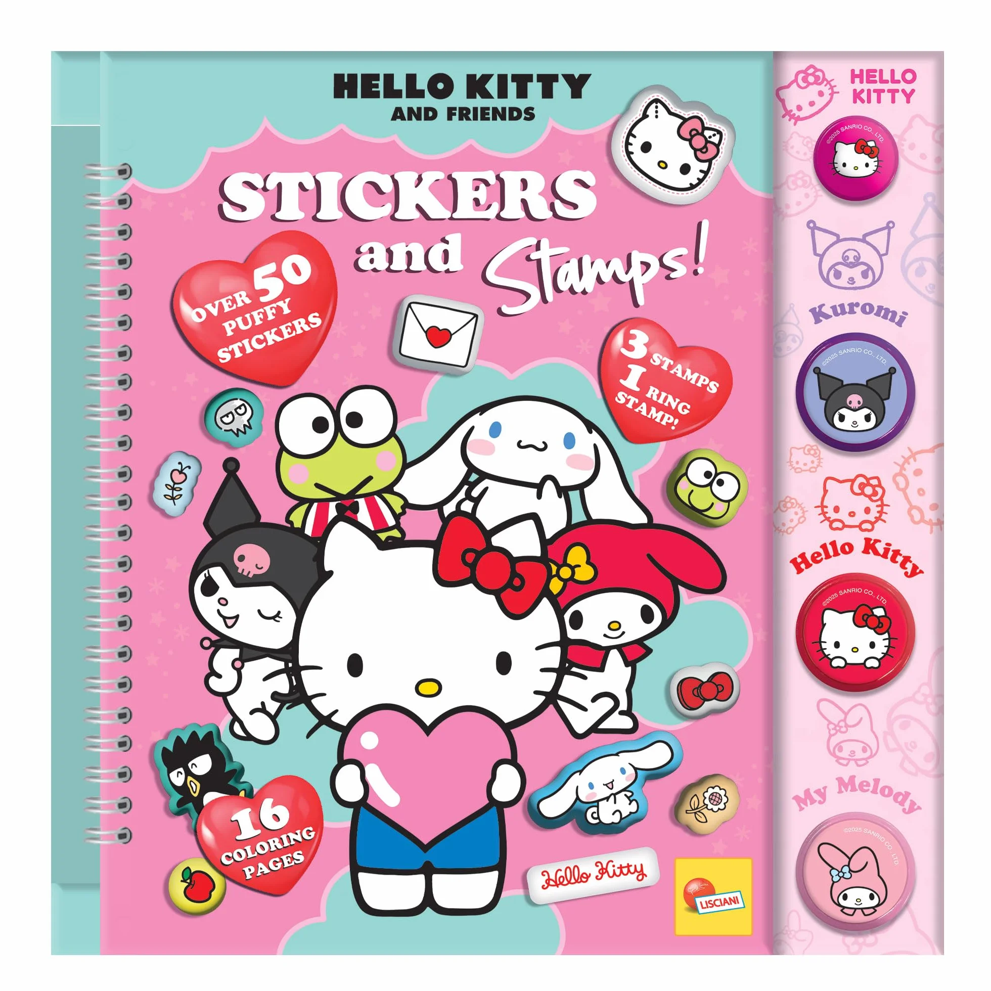 Lisciani – HELLO KITTY AND FRIENDS – kolorowanka z naklejkami i pieczątkami dla dzieci w wieku 5+ – 16 stron z 3 znaczkami, pieczęcią pierścieniową i puszystymi naklejkami – kreatywny zestaw