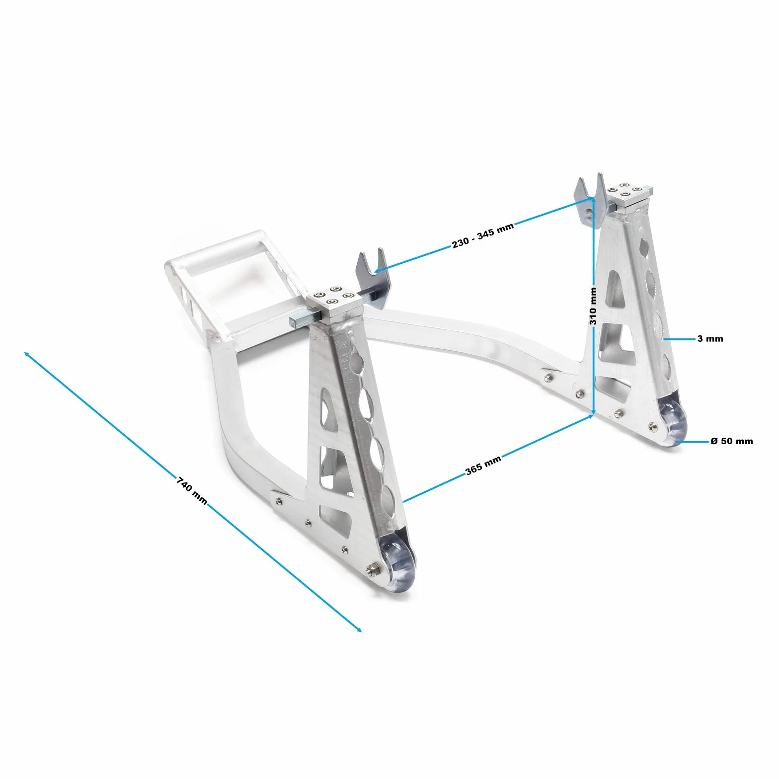 Wiltec Stojak na motocykl do tylnego koła 230-345 mm z aluminium do maks. 317 kg, stojak do serwisu motocyklu, uchwyt z dwoma kółkami