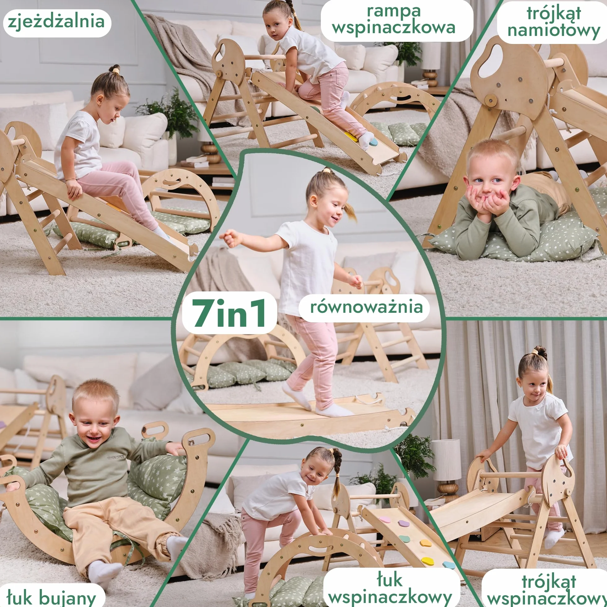 Goodevas Montessori Drewniana rama wspinaczkowa ze zjeżdżalnią – składana trójkątna siłownia do zabawy dla małych dzieci, bezpieczna zabawka dla dzieci w wieku 1-3 lat