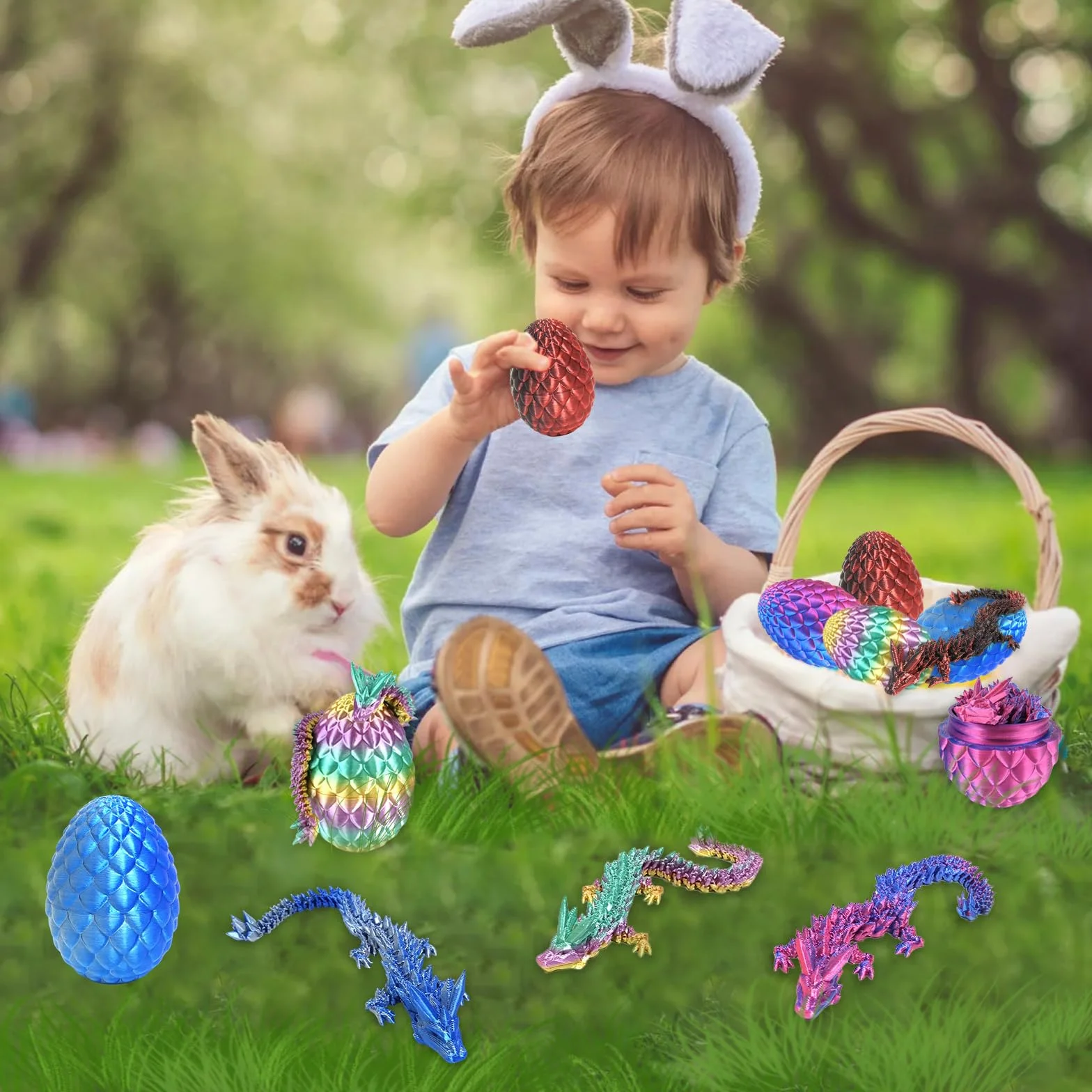 3D Drukowane Smoki w Jaju, 4-pakt 3D Drukowane Jajo Smoka z Smokiem Wewnątrz Styczna Figurka Smoka z Kryształu, Wypełniacze na Wiosenny Kosz, 3D Drukowana Zabawka do Rozgryzania na Boże Narodzenie