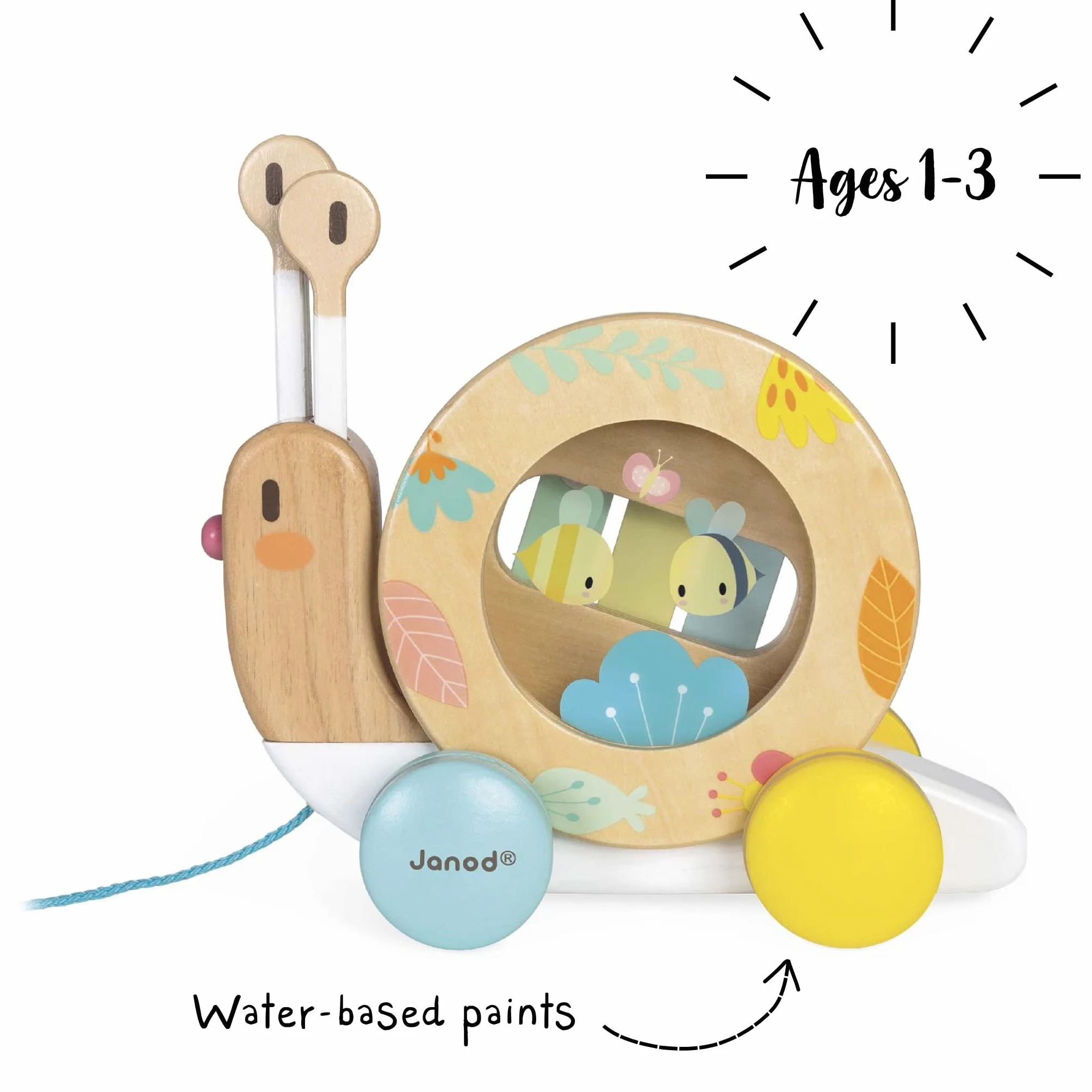 Janod - Wooden Pure Pull-Along Snail - Wooden Toy with Xylophone and Tambourine - Water Based Paint - Educational Musical Early Learning Toy - from 1 Year Old, J05159