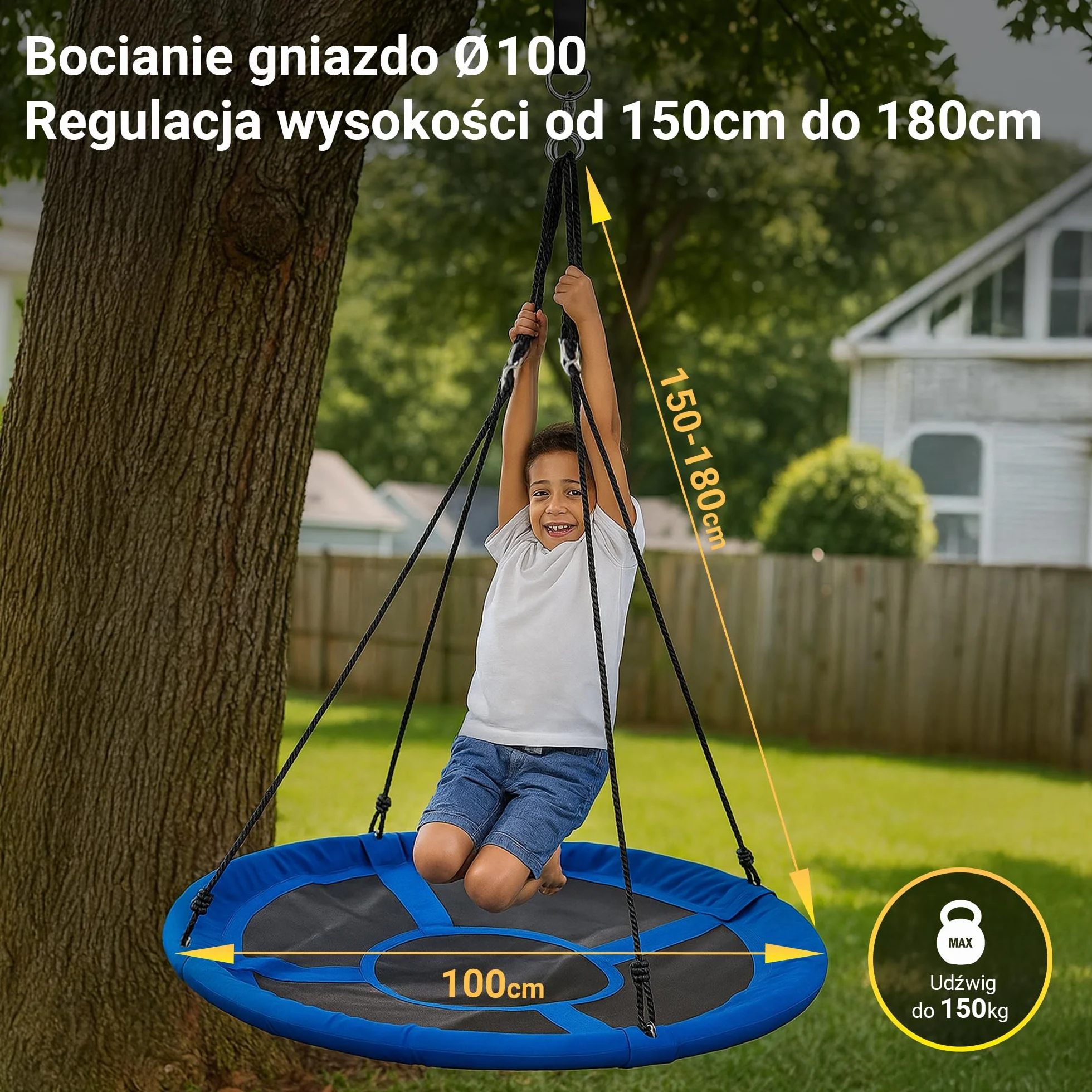 Extralink Huśtawka ogrodowa z gniazdem – średnica 100 cm, pojemność do 150 kg, z wyściełaną krawędzią i wytrzymałymi linami, idealna do wnętrz i na zewnątrz, do ogrodu i pokoju dziecięcego, niebieska