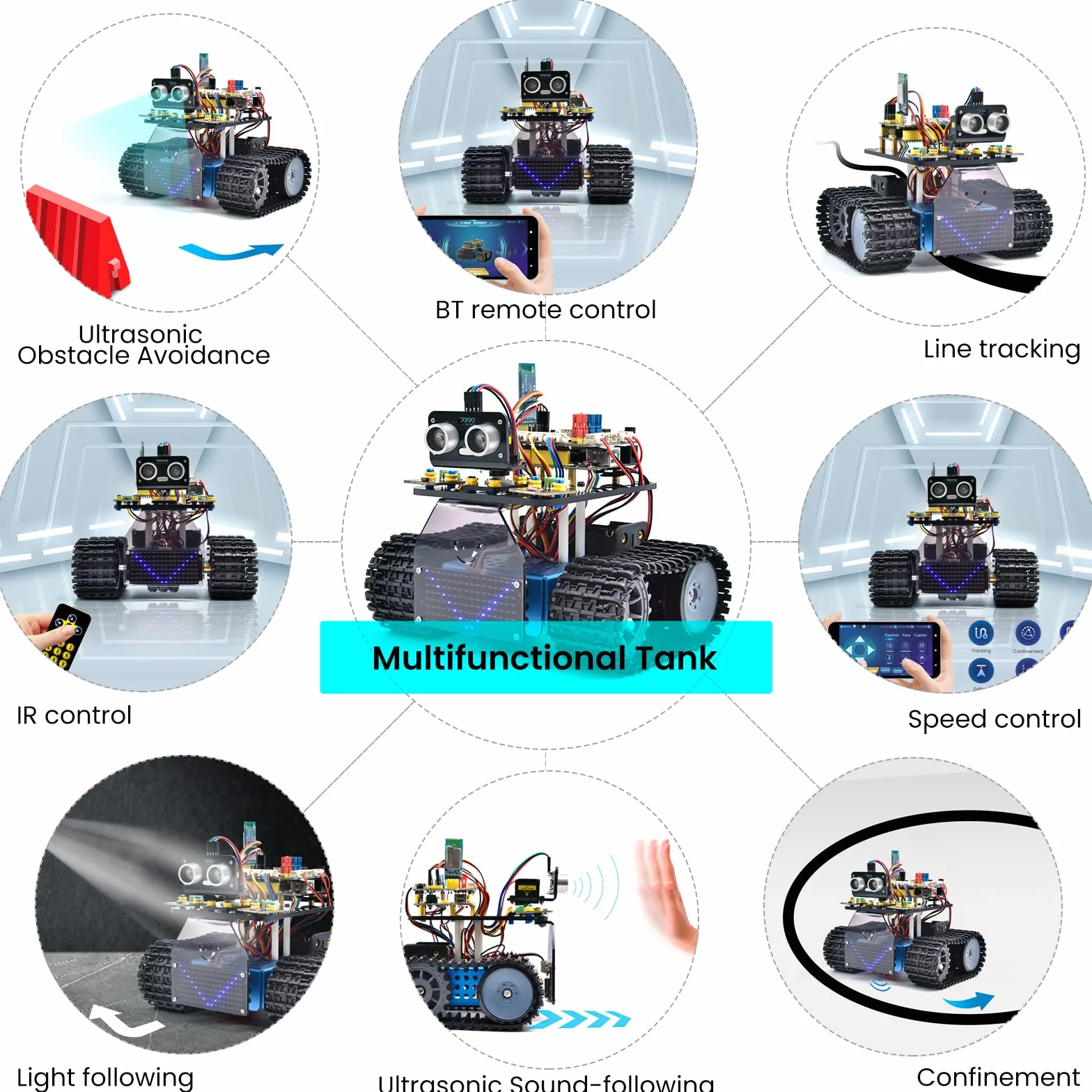 Zestaw KEYESTUDIO Smart Robot Tank Kompatybilny z Arduino IDE Elektronika Zestaw konstrukcyjny z UNO R3, czujnikiem ultradźwiękowym itp. Edukacyjny robot STEM 2 w 1 DIY do programowania i nauki