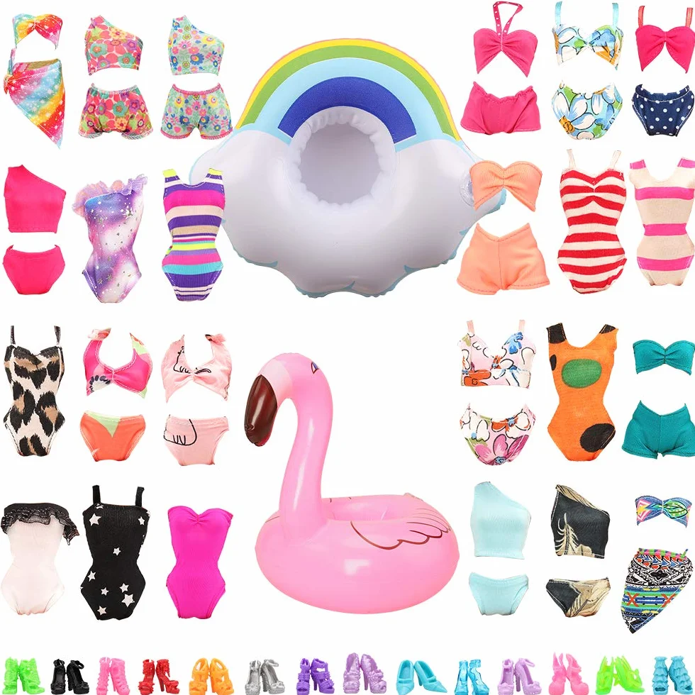 Miunana Sukienki dla dziewczynek 40,5 cm, ubranka dla lalek, buty, akcesoria (5 kostiumów kąpielowych + 5 butów + 2 koła do pływania)