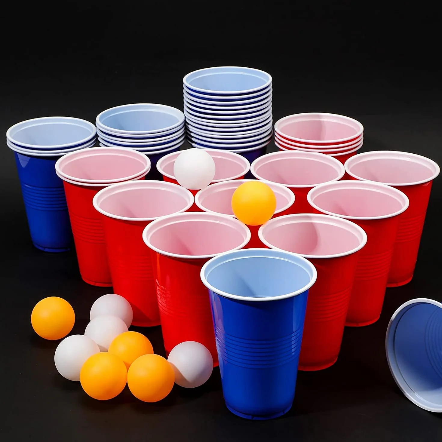 PIQIUQIU Kubek do piwa Pong, zestaw kubków do piwa Pong | 50 filiżanek + 5 kulek 473 ML 16 oz Plastikowe kubki wielokrotnego użytku