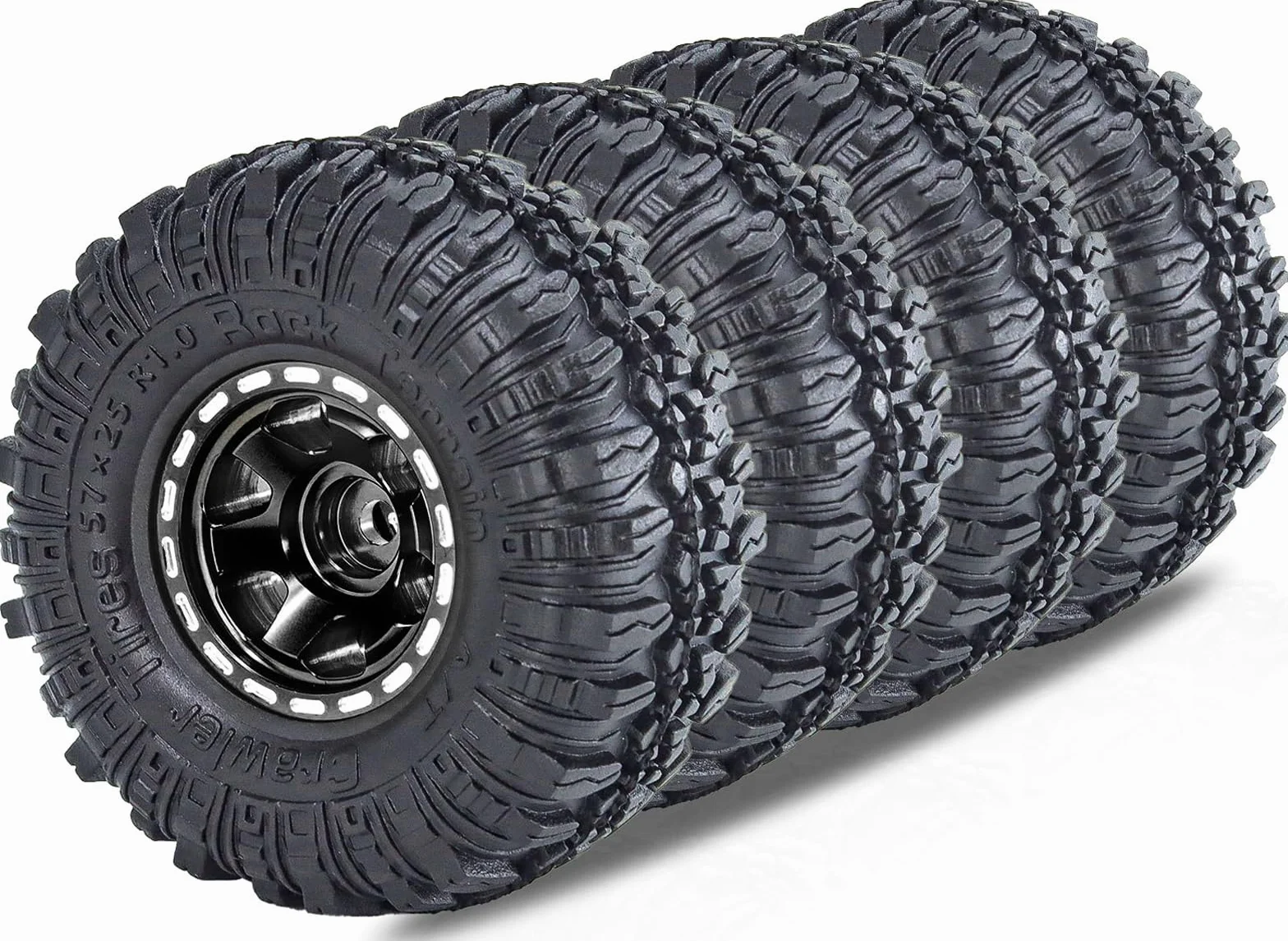 1.0 Beadlock zestaw felg i opon 57 x 24 mm, gumowe opony Rock Crawler i aluminiowe felgi do 1/18 1/24 Axial SCX24 TRX4M Gladiator Bronco C10 JLU Deadbolt RC Crawler Upgrade (czarny)
