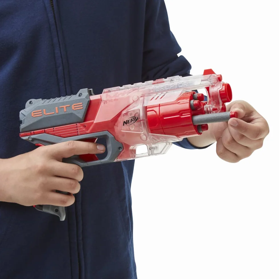 Wyrzutnia Nerf Elite Disruptor, 6-strzałkowy magazynek obrotowy, 6 strzałek Nerf Elite, ogień ciągły, półprzezroczysty czerwony, dostępna tylko w serwisie Amazon