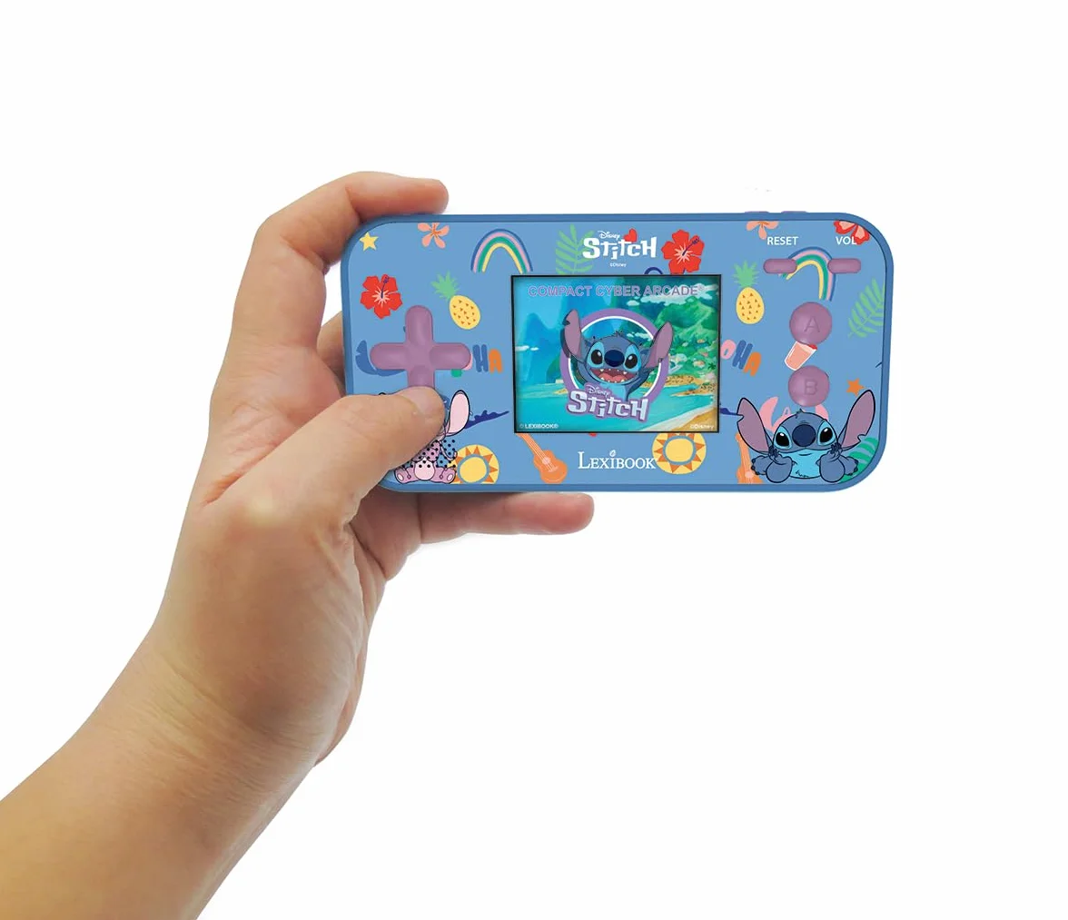 Lexibook, Disney Stitch, Kompaktowa Przenośna Konsola Zręcznościowa, 150 Gier, Kolorowy Ekran LCD, Zasilanie Bateryjne, JL2367D