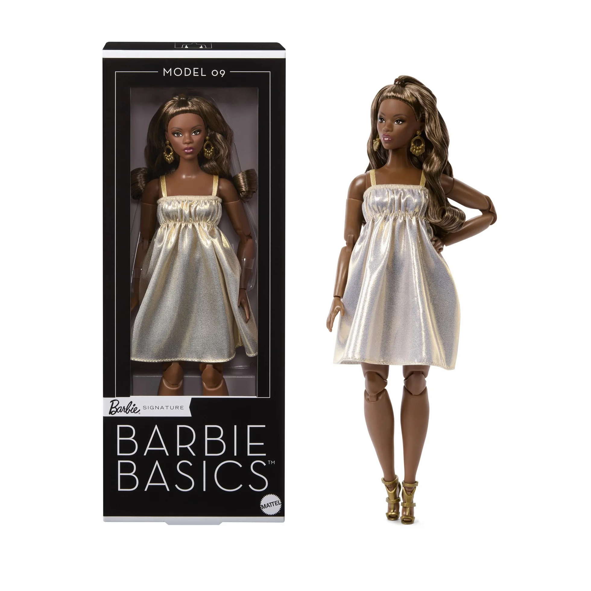Barbie Basics Model 09 Kolekcjonerska lalka modowa brunetka, złocista sukienka i buciki na obcasie Zabawka 6+ dla fanów i kolekcjonerów, JJX28
