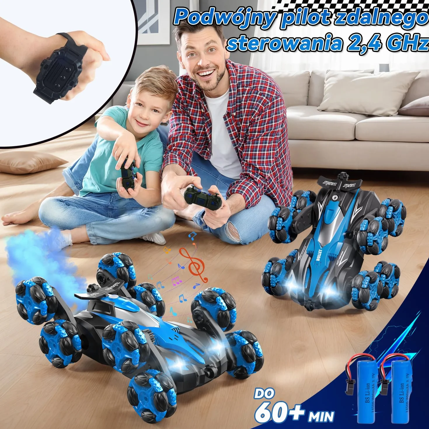 Zdalnie Sterowany Samochód Akrobacyjny 1:16 dla Dzieci 6+, 8 Kół, Sterowanie Gestami 2.4 GHz, Światła LED, Mgła i Muzyka - Zabawka RC dla Chłopców i Dziewczynek 6-10 Lat (Niebieski)
