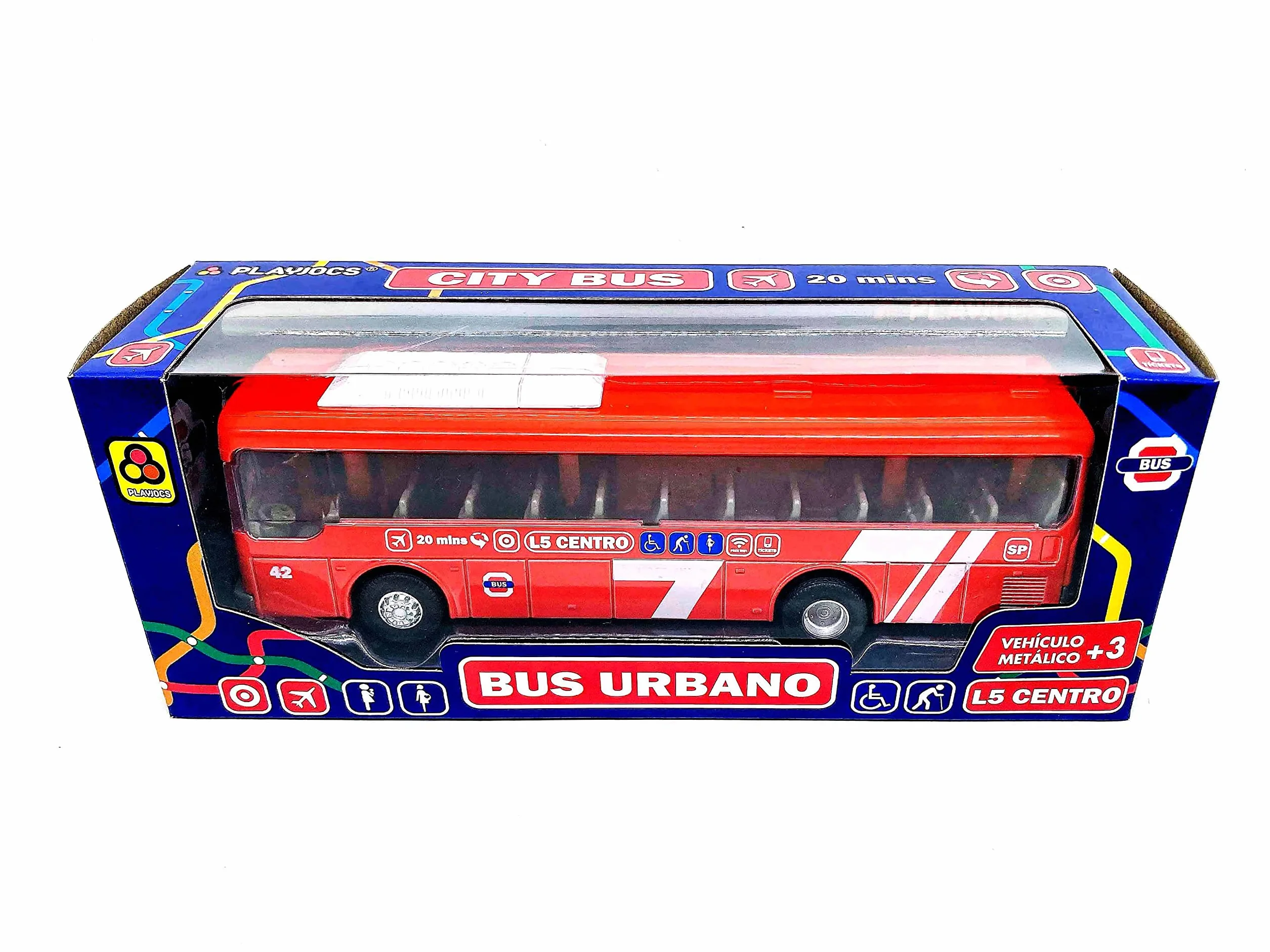 PLAYJOCS GT-8112 Bus Miejski pojazd metalowy co części z tworzywa sztucznego, pomysł dla dzieci i kolekcjonerów.