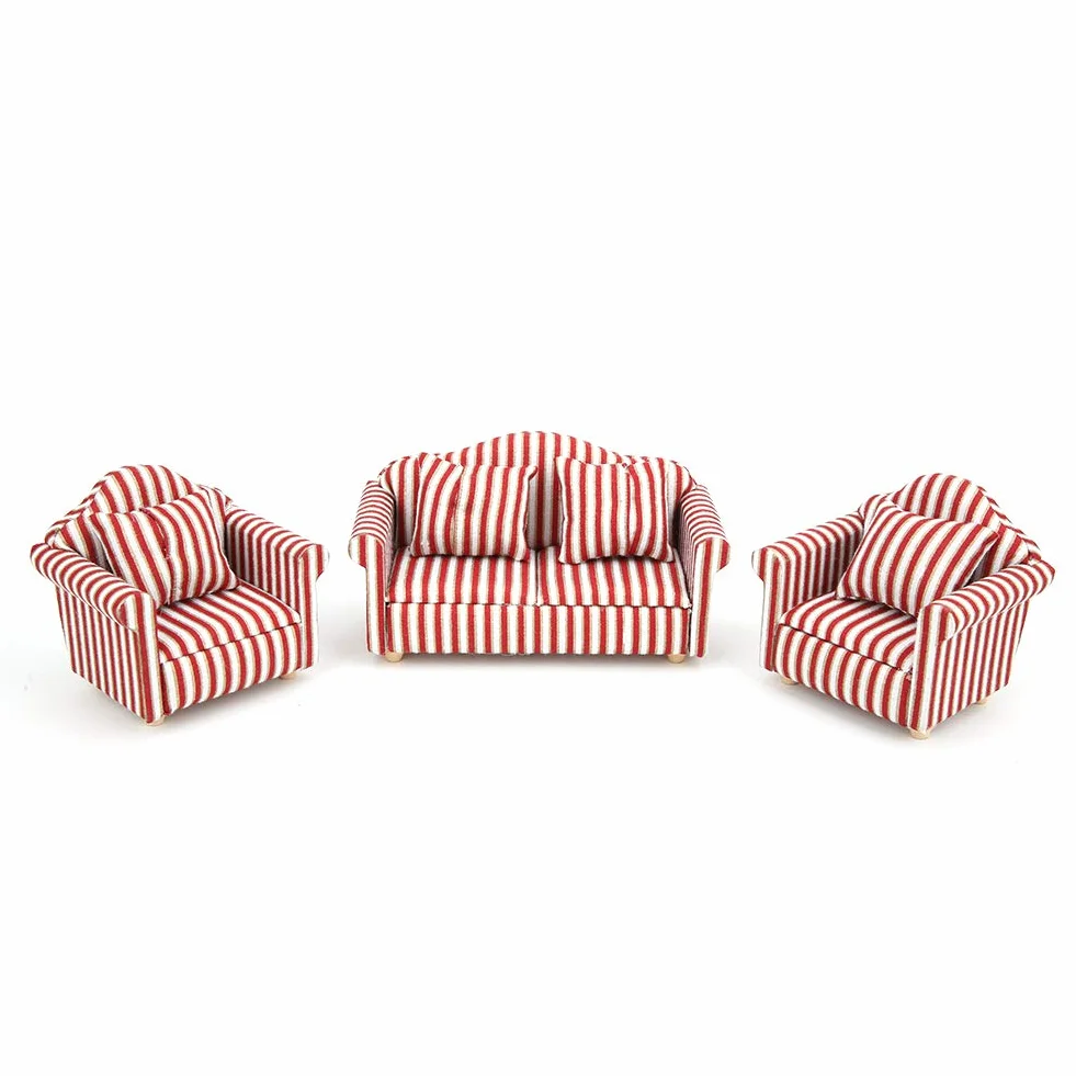 3 sztuk 1:12 zestaw sof dla lalek Mini dekoracja domku dla lalek pomarańczowe różowe złoto w paski drewniane tkaniny Mini miniaturowy salon zabawka dla dzieci dekoracja na meble do domku dla lalek z 4 poduszkami