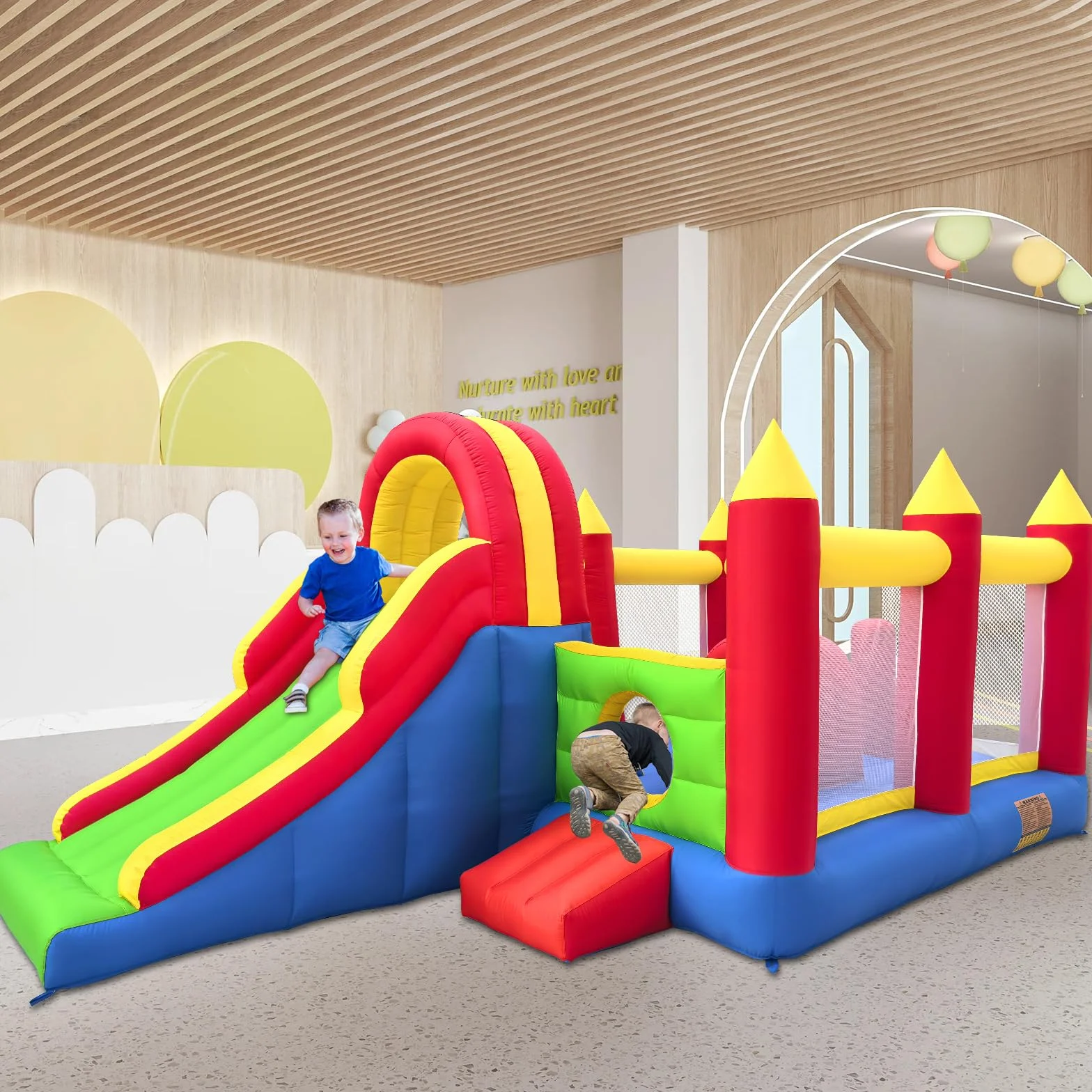 Ballsea Zamek dmuchany XXL – ogromny nadmuchiwany zamek z dużą zjeżdżalnią i trampoliną, 592 x 290 x 216 cm – idealny na urodziny dziecka i do ogrodu (bez dmuchawy)