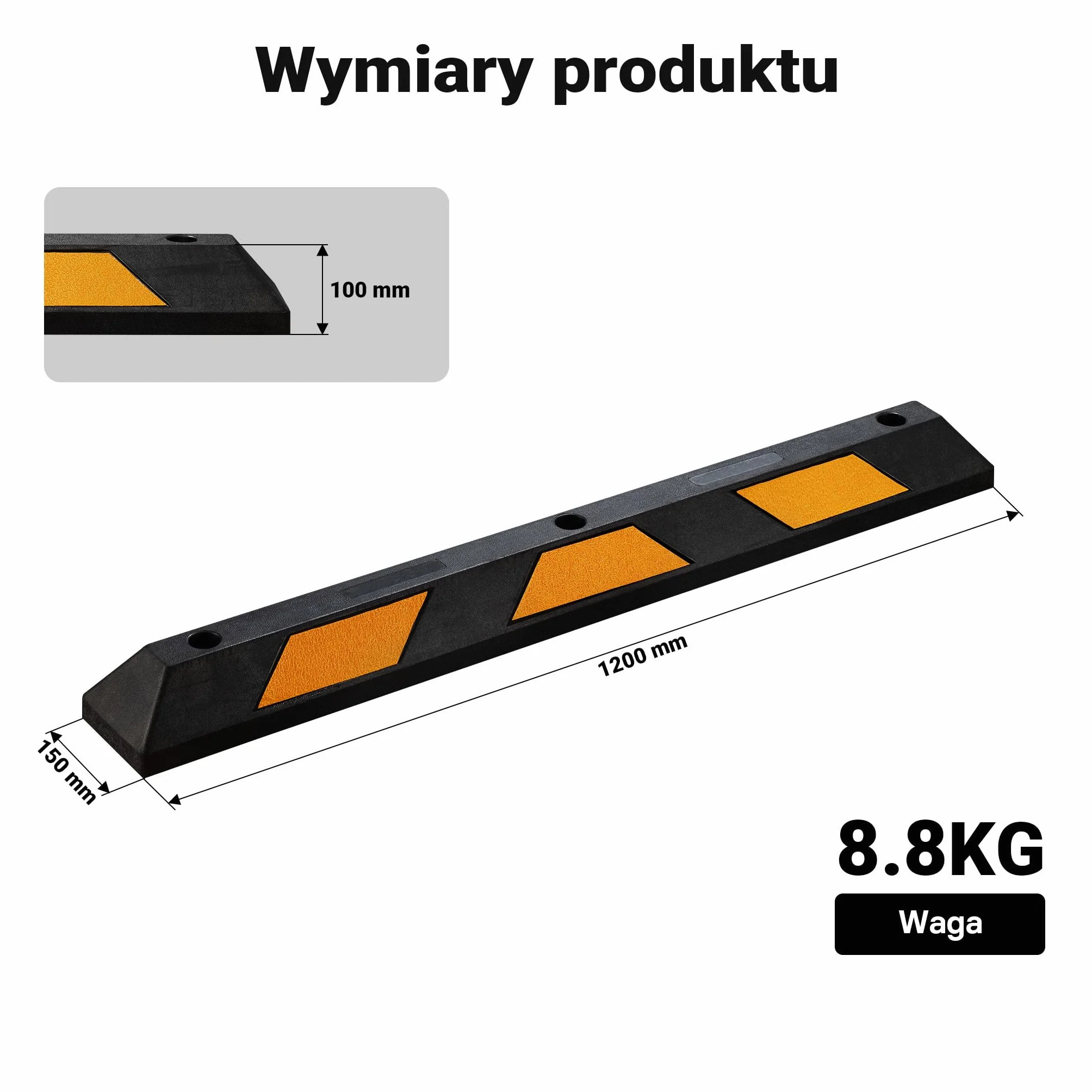 Wiltec Ogranicznik parkingowy 2 szt. 120 x 15 x 10 cm czarny z żółtą taśmą odblaskową, odbojnik gumowy do garażu i parkingu