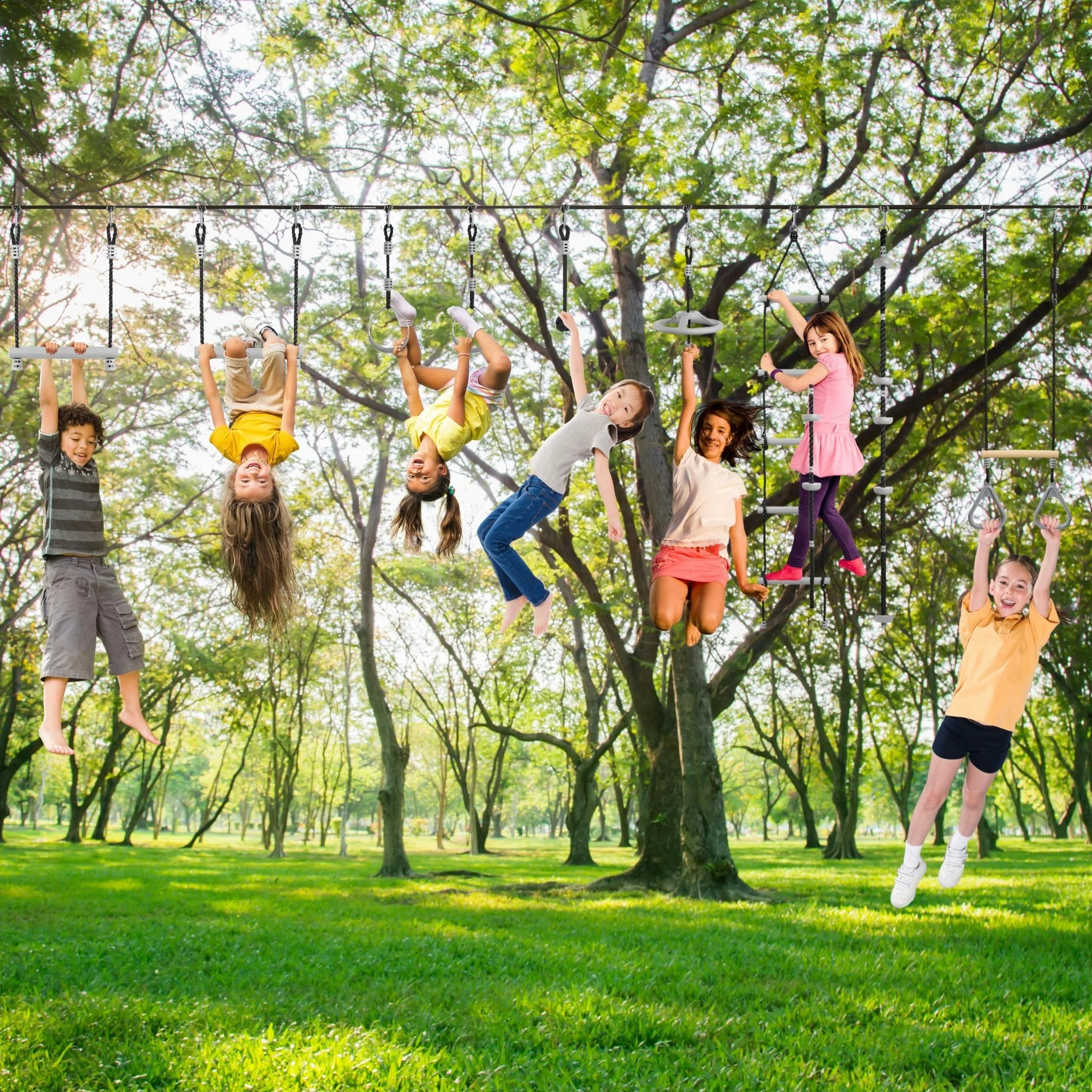 HyperMotion Tor Przeszkód Ninja dla Dzieci Zestaw Slackline – 9 Przeszkód Gimnastycznych z Drążkami Kółkami Liną i Drabinką – Udźwig do 113 kg – Dla Dzieci i Dorosłych do Ogrodu Outdoor