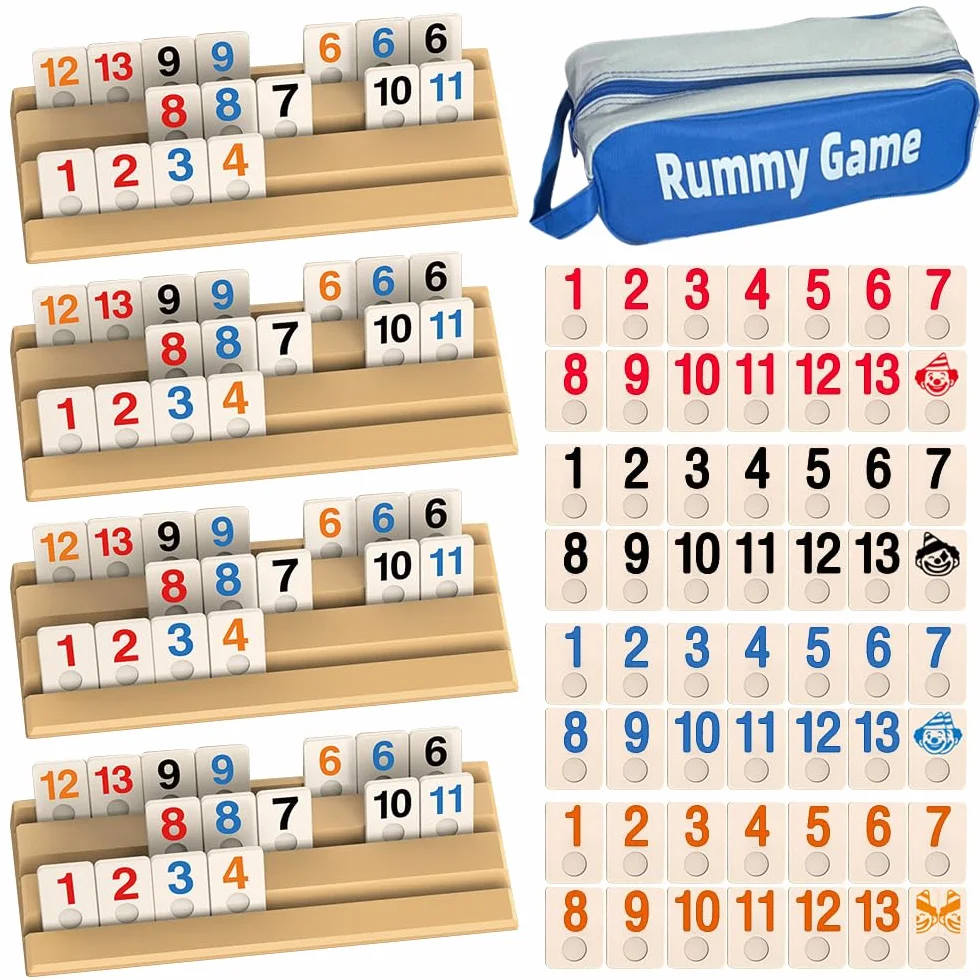 Zestaw mini Rummy z 114 kamieniami do gry, 4 drewnianymi uchwytami na kamienie, 1 torba do przechowywania i instrukcja obsługi (może nie być dostępna w języku polskim), interesująca gra Rummy