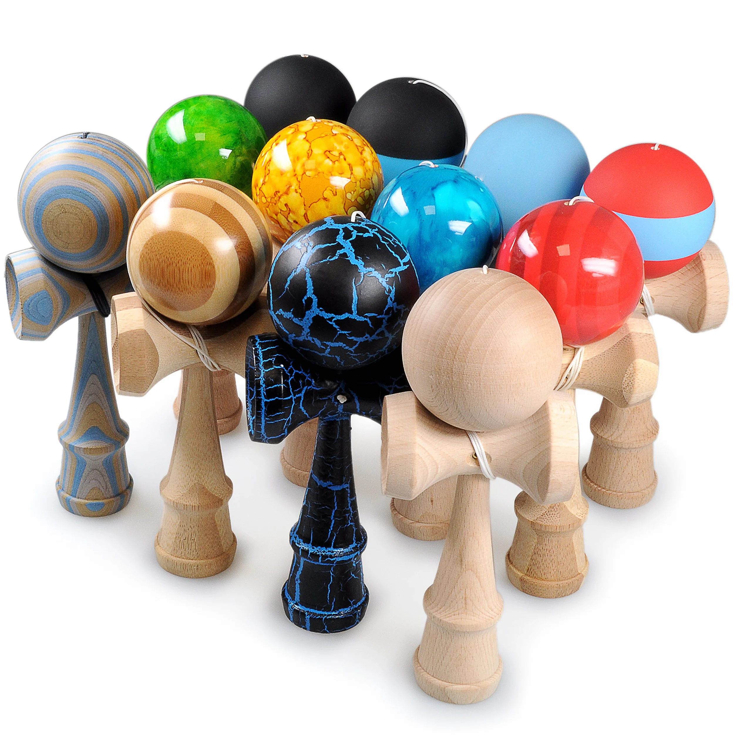Ganzoo kendama z drewna bukowego, tradycyjna japońska zabawka do trików zręcznościowych, piłka z otworem na sznurku i 3 talerze chwytające, do treningu reakcji, balansu i koordynacji, niebieski czarny