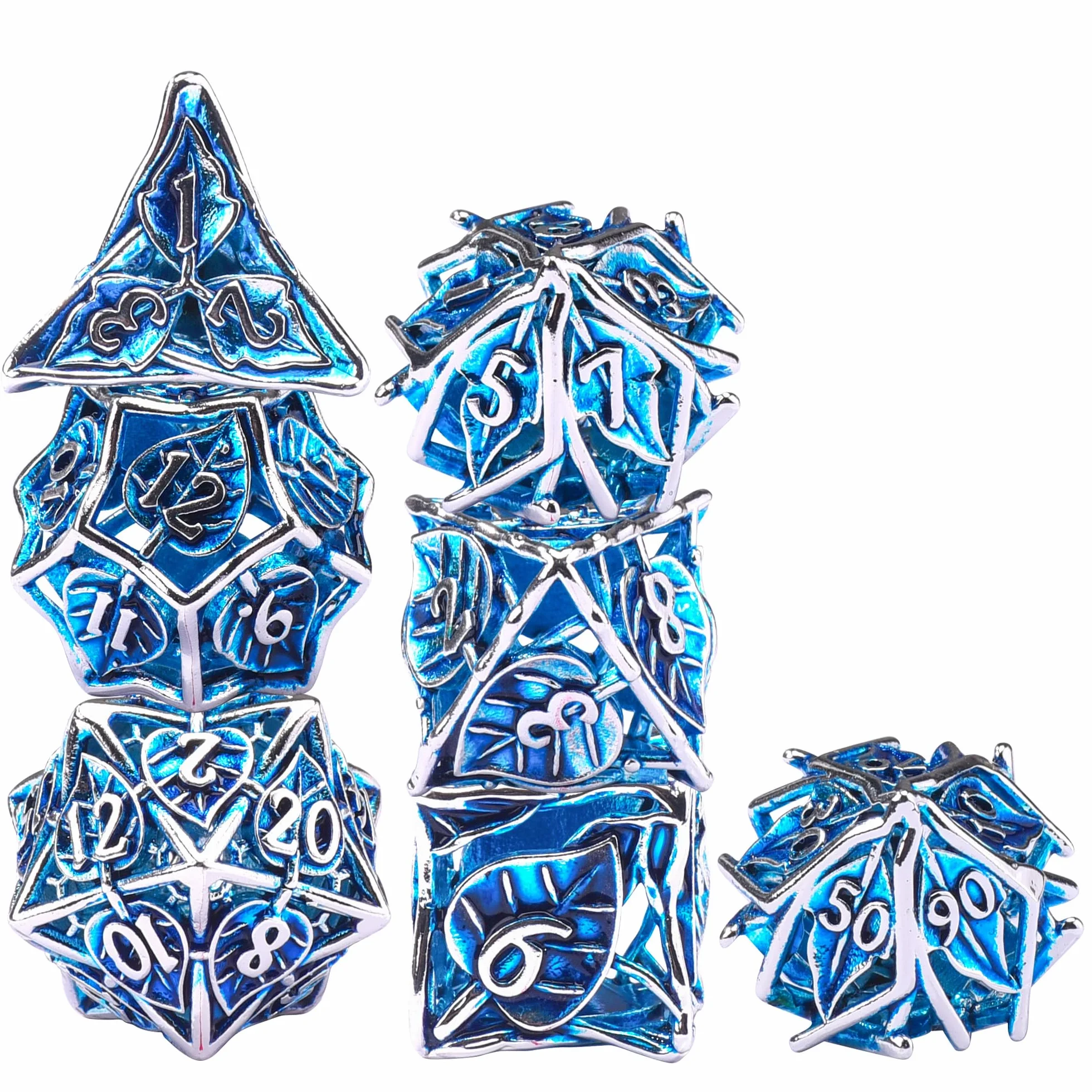 SIQUK 7 sztuk DND zestaw kostek, metalowe wielościenne puste kostka do gry, lochy i smoki, do D&D, MTG, RPG (niebieskie i srebrne)