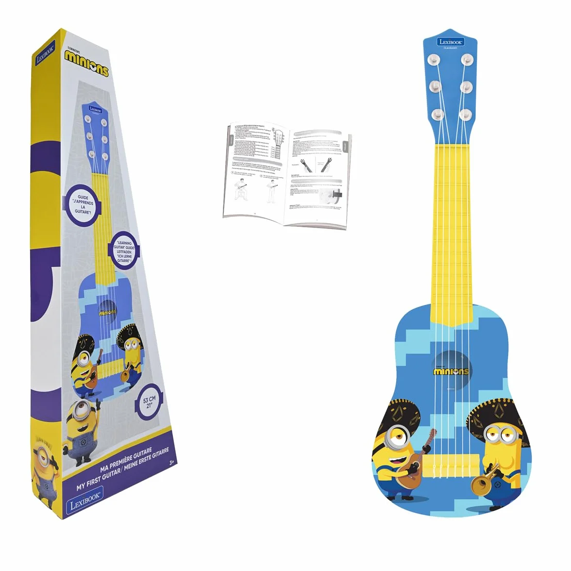 Lexibook, Mój ulubiony złoczyńca, Minionki, Moja pierwsza gitara, 6 strun nylonowych, 53 cm, przewodnik w zestawie, niebieski/żółty, K200DES