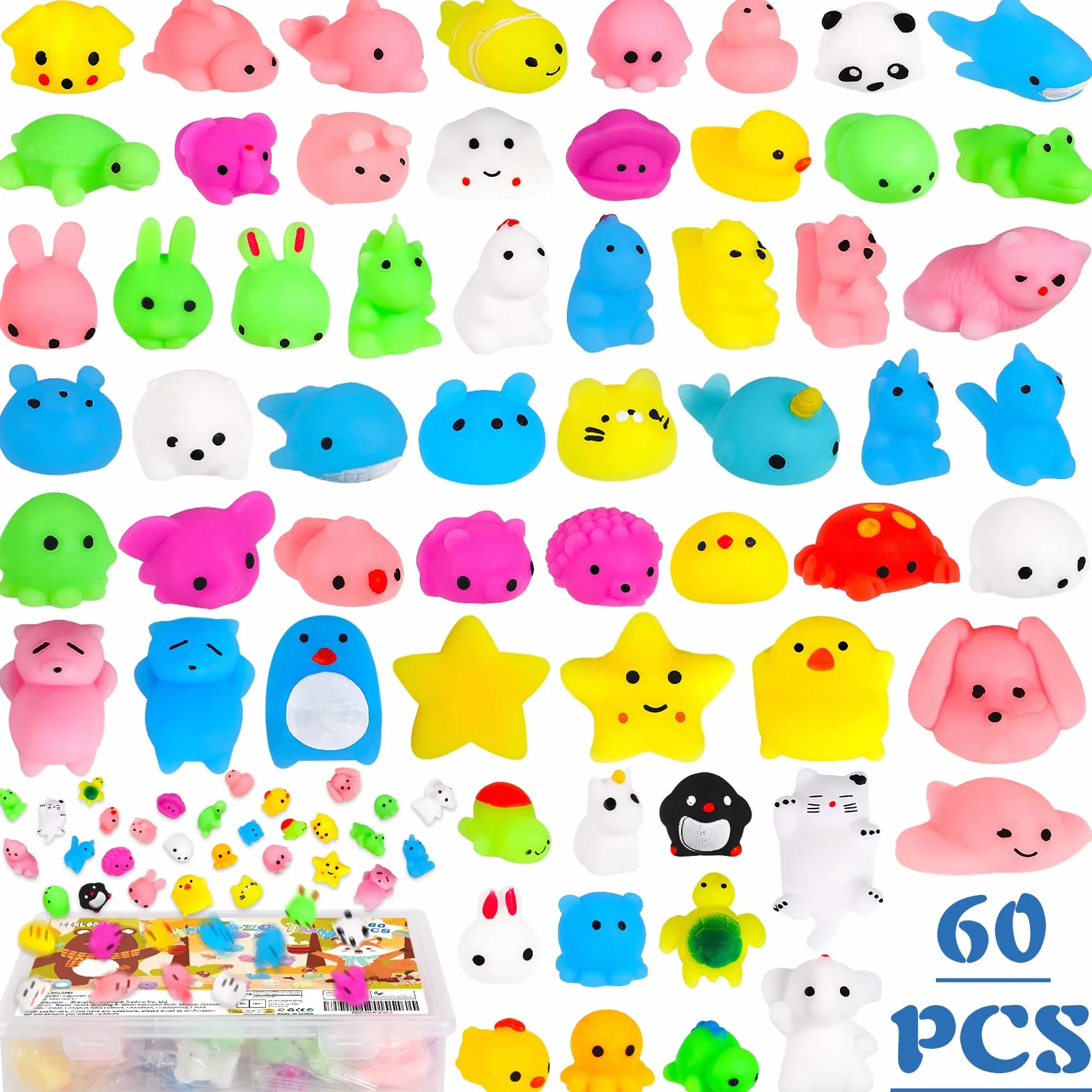 60 Sztuk Mochi Squishy Toy, Wycisnąć Zabawki, Śliczne Zabawki ze Zwierzętami do ściskania, Mini Zabawki do Zgniatania, Zabawki Antystresowe dla Dorosłych, Wypełniacze Wielkanocne