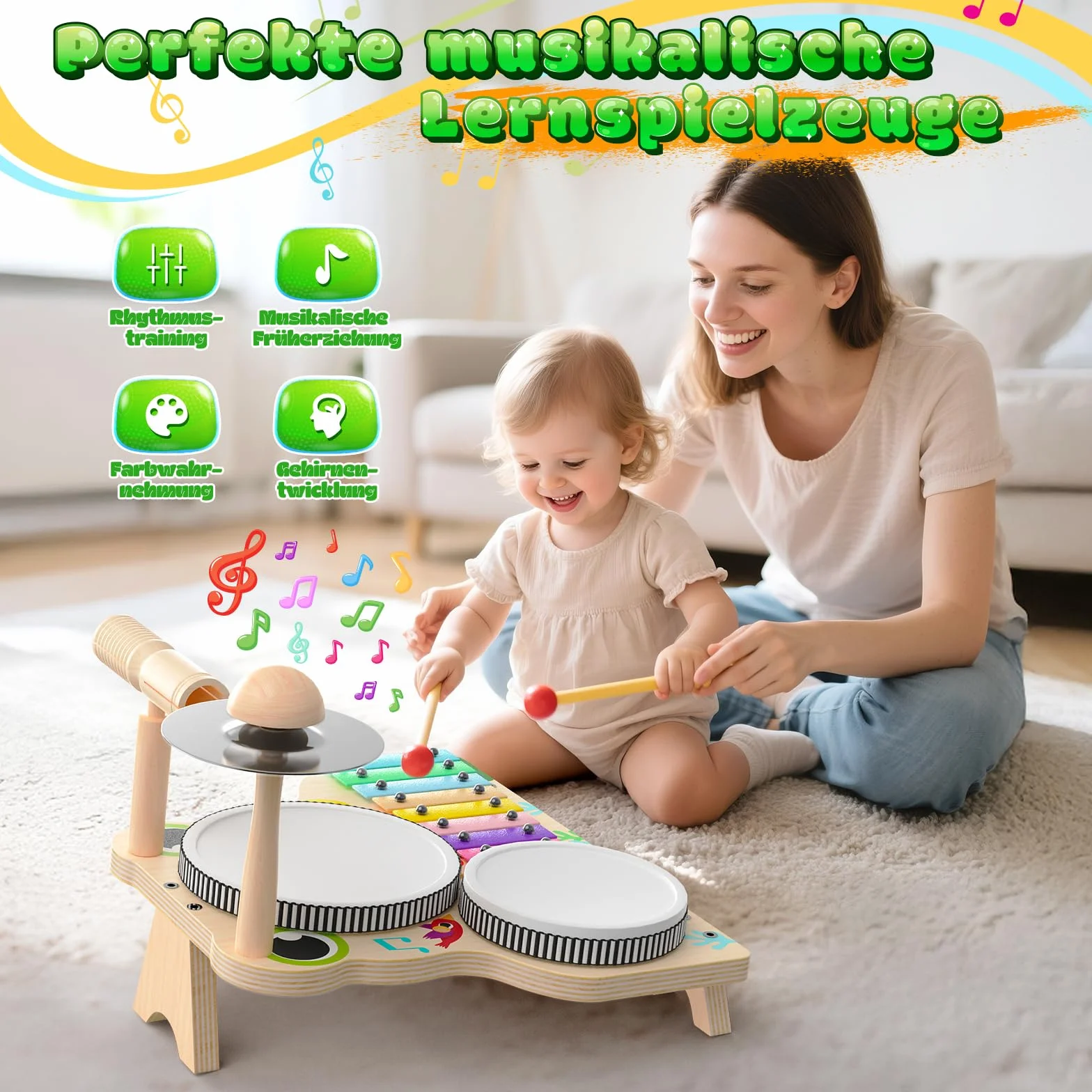 Skirfy Instrumenty muzyczne dla dzieci, drewniana zabawka, zestaw perkusyjny z pałeczkami perkusyjnymi i ksylofonem, zabawka edukacyjna dla chłopców i dziewczynek od 3, 4, 5 lat, zabawka sensoryczna