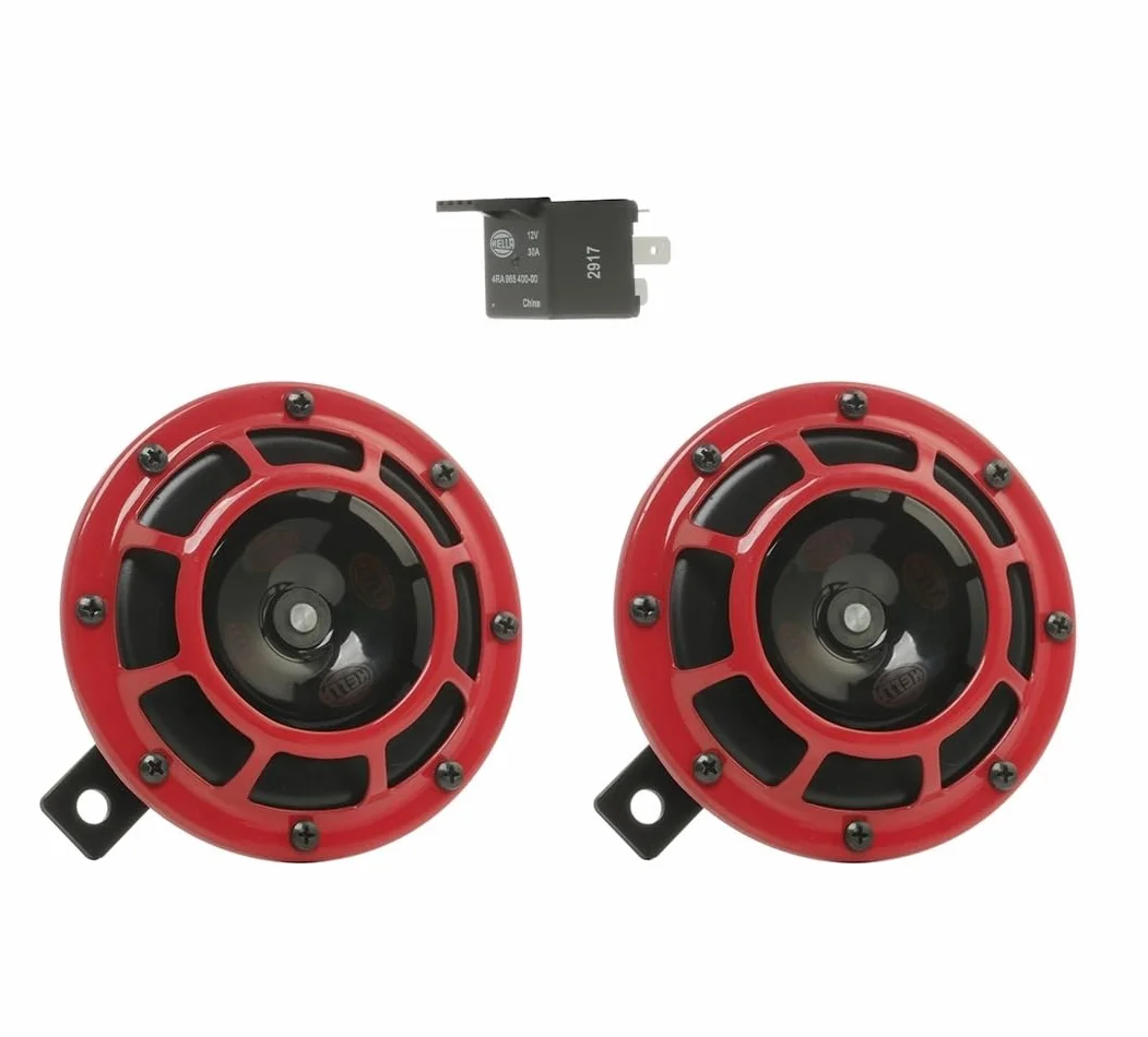 HELLA Klakson B133 Set - 2 Sztuki - 12V - 118dB(A) - 300 / 500Hz - Niski / Wysoki Dźwięk - Elektryczny - Czerwony / Czarny - Płaski Złącze w tym Przekaźnik - 3AG 003 399-801