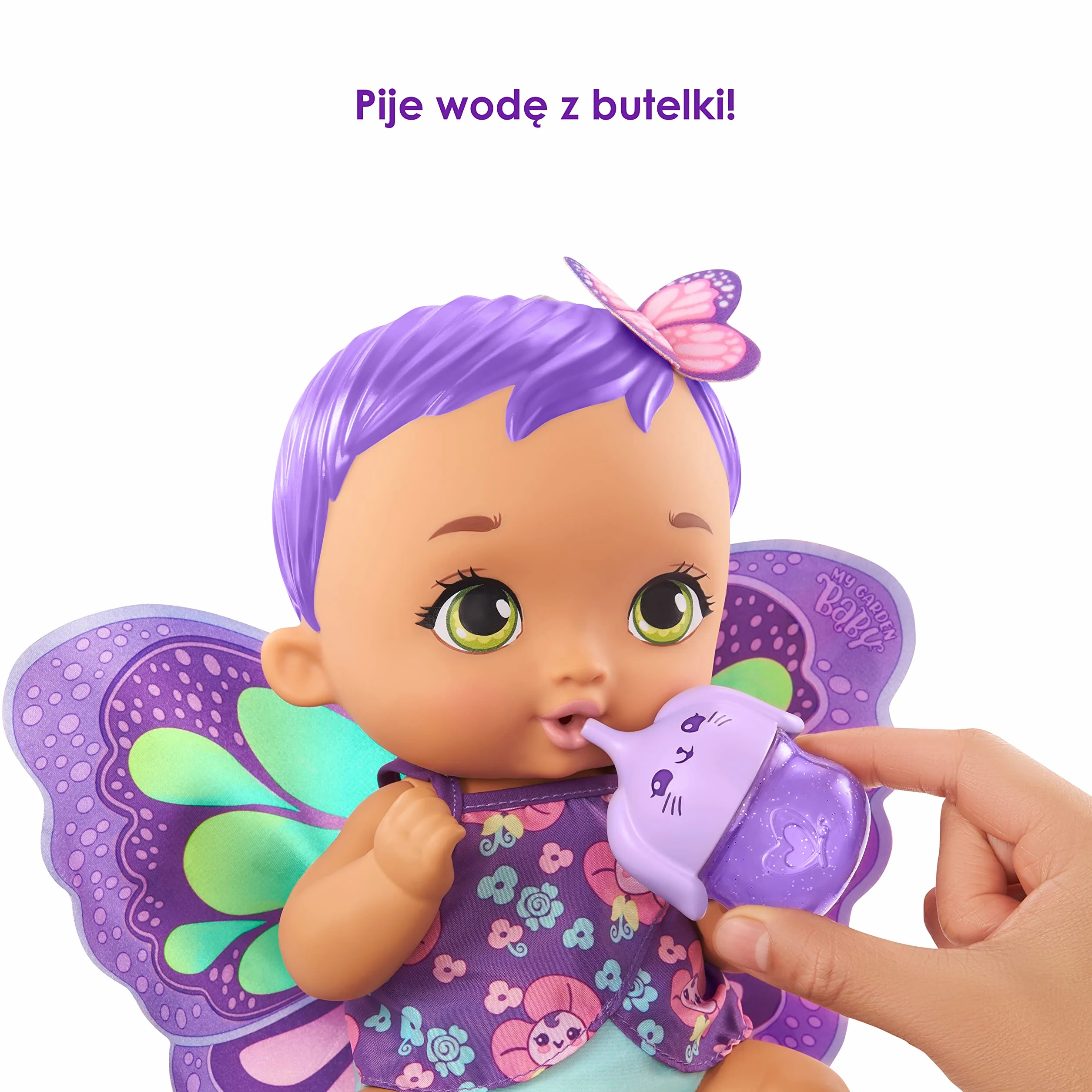 My Garden Baby Bobasek-Motylek Karmienie i przewijanie Lalka fioletowa (ok 30 cm) z pieluszką wielokrotnego użytku, zdejmowanymi skrzydełkami i ubrankiem, dla dzieci od 2 roku życia, GYP11
