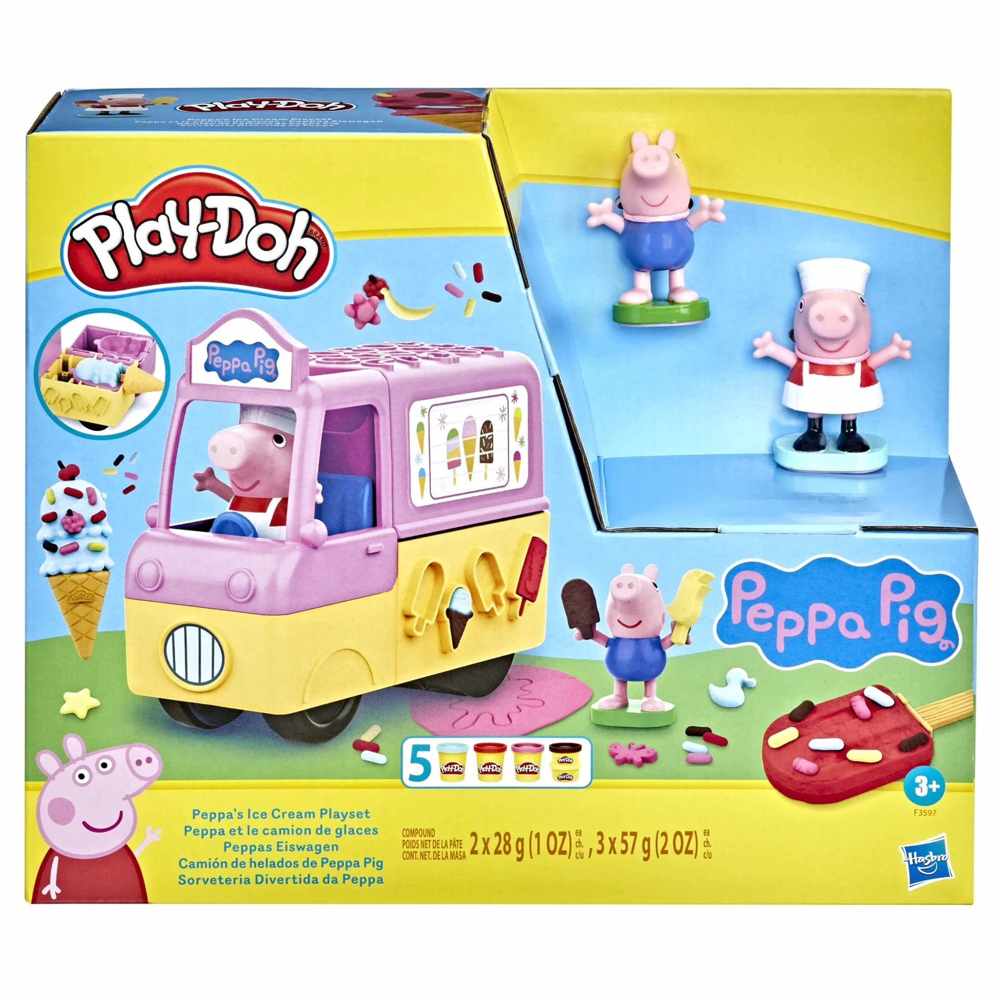 Play-Doh Zestaw do zabawy z lodami, Świnką Peppą i ciastoliną Play-Doh, furgonetka z lodami, figurki Peppy i George'a oraz 5 pojemników z ciastoliną