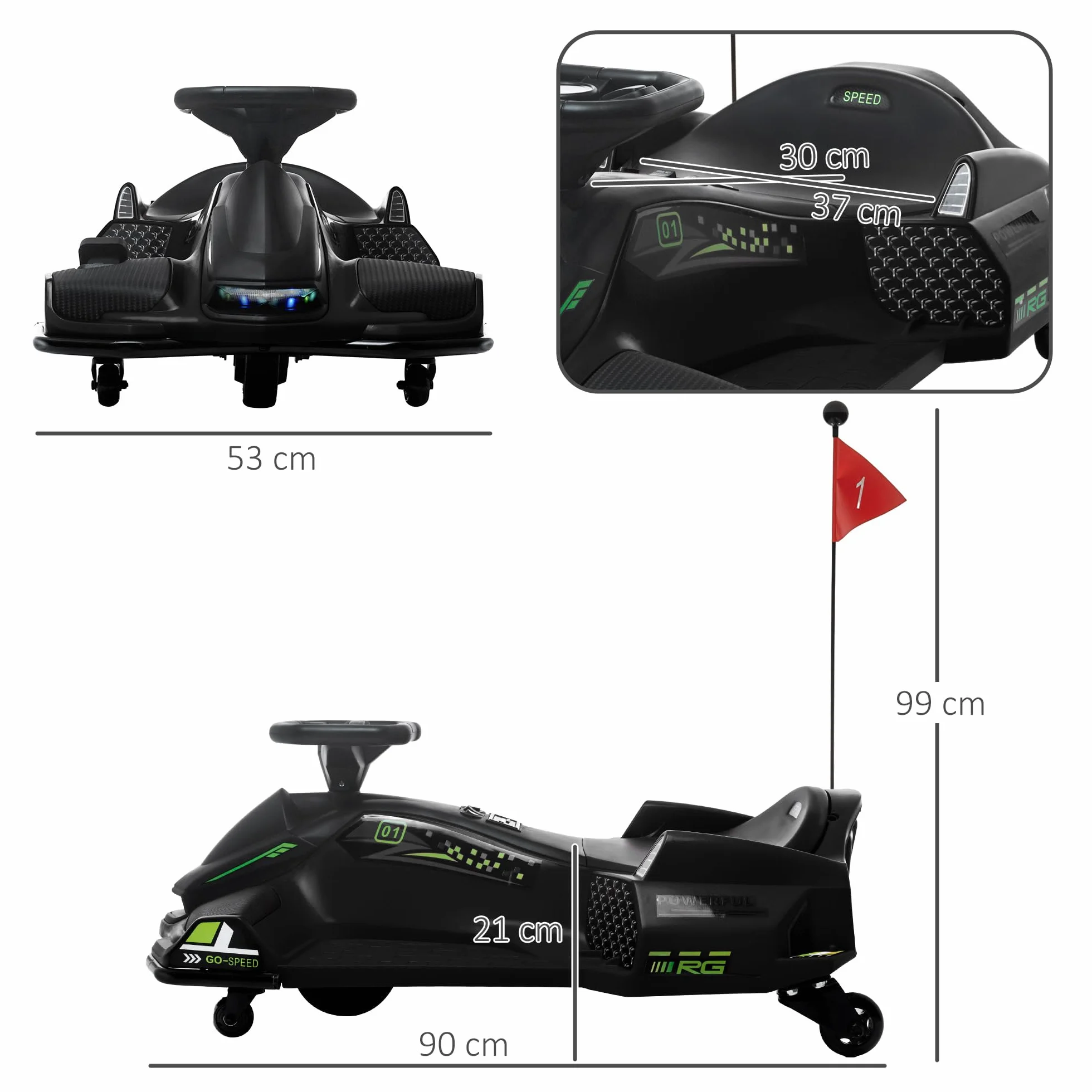 HOMCOM Elektryczny gokart dla dzieci, 12 V, 3-8 km/h, z trybem dryfowania, powolnym startem, muzyką, pas bezpieczeństwa, pojazd dla dzieci w wieku 8-12 lat, czarny